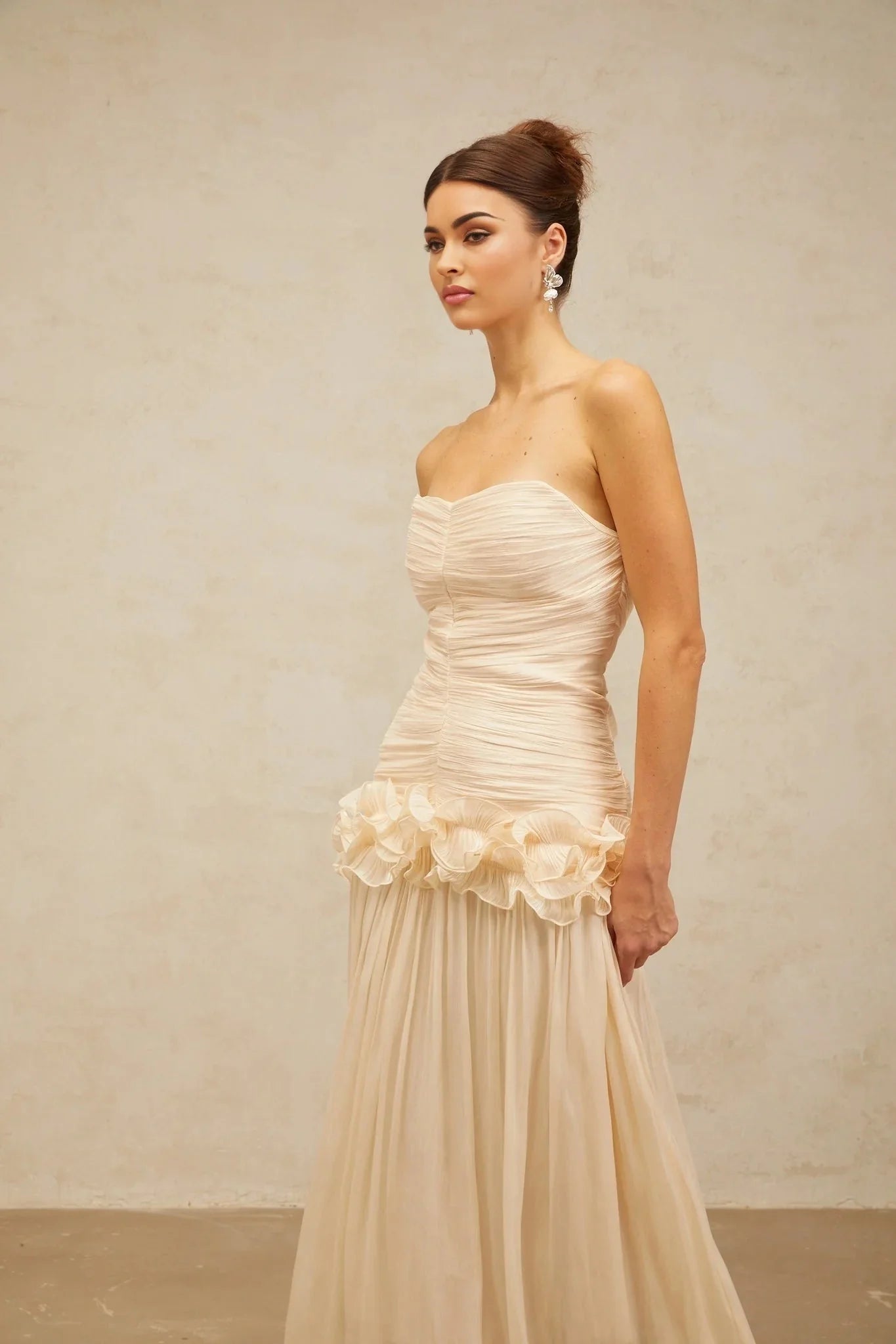 Dakota Maxi Dress Ruffled Pleated Neutral Glitter Strapless & Corset