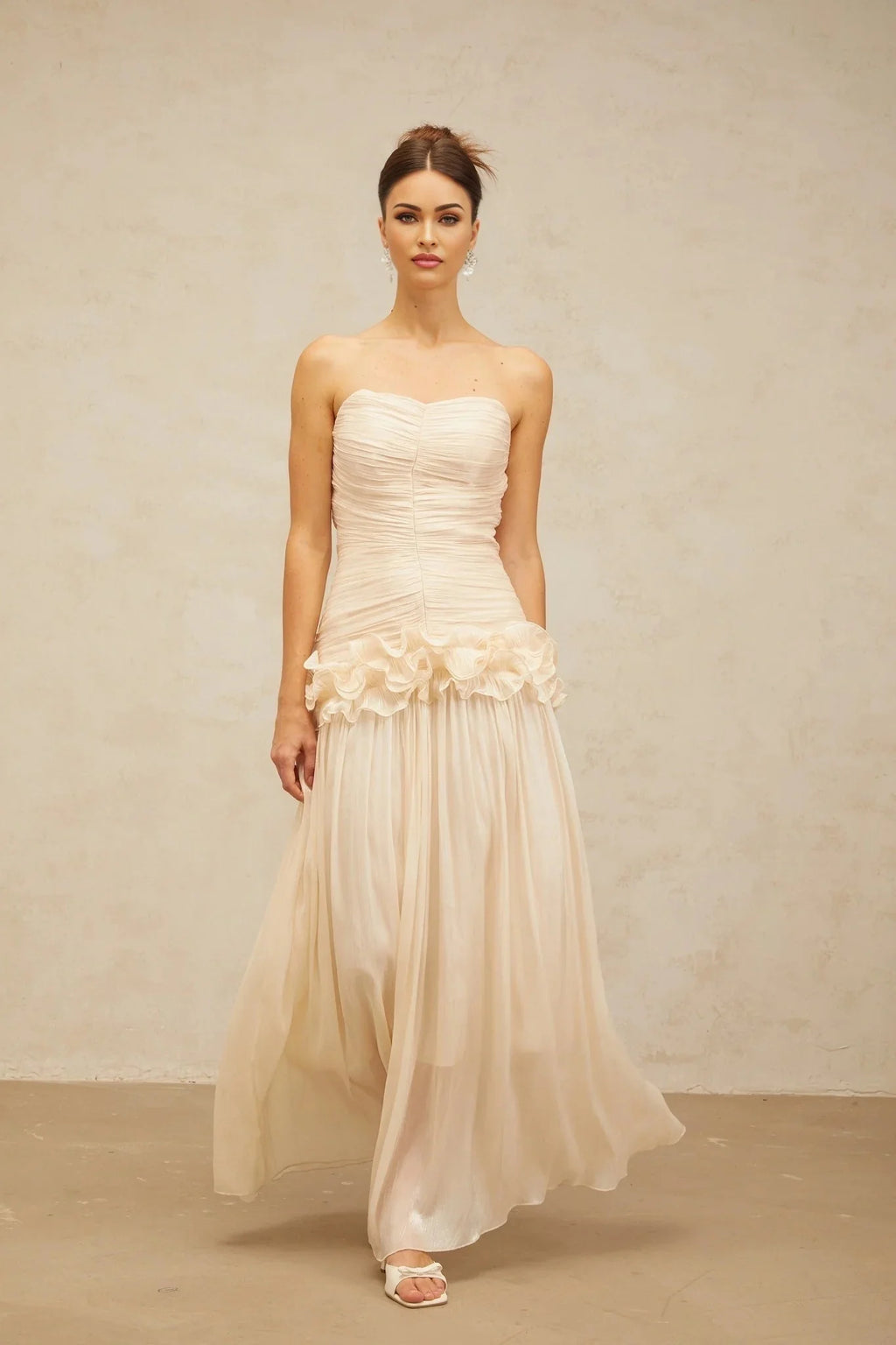 Dakota Maxi Dress Ruffled Pleated Neutral Glitter Strapless & Corset