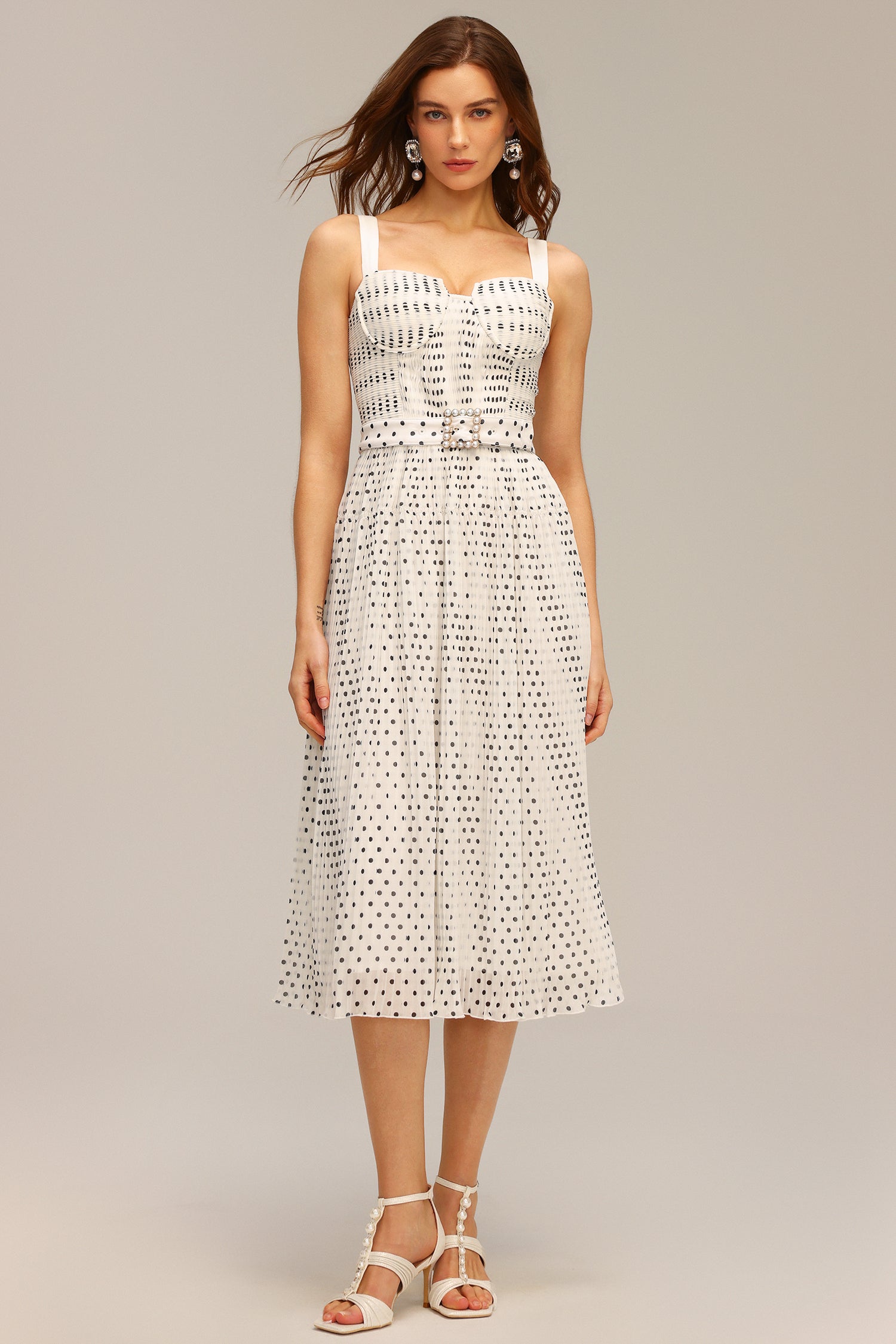 Dakota White Pearl Dot Halter Fit and Flare Midi Dress