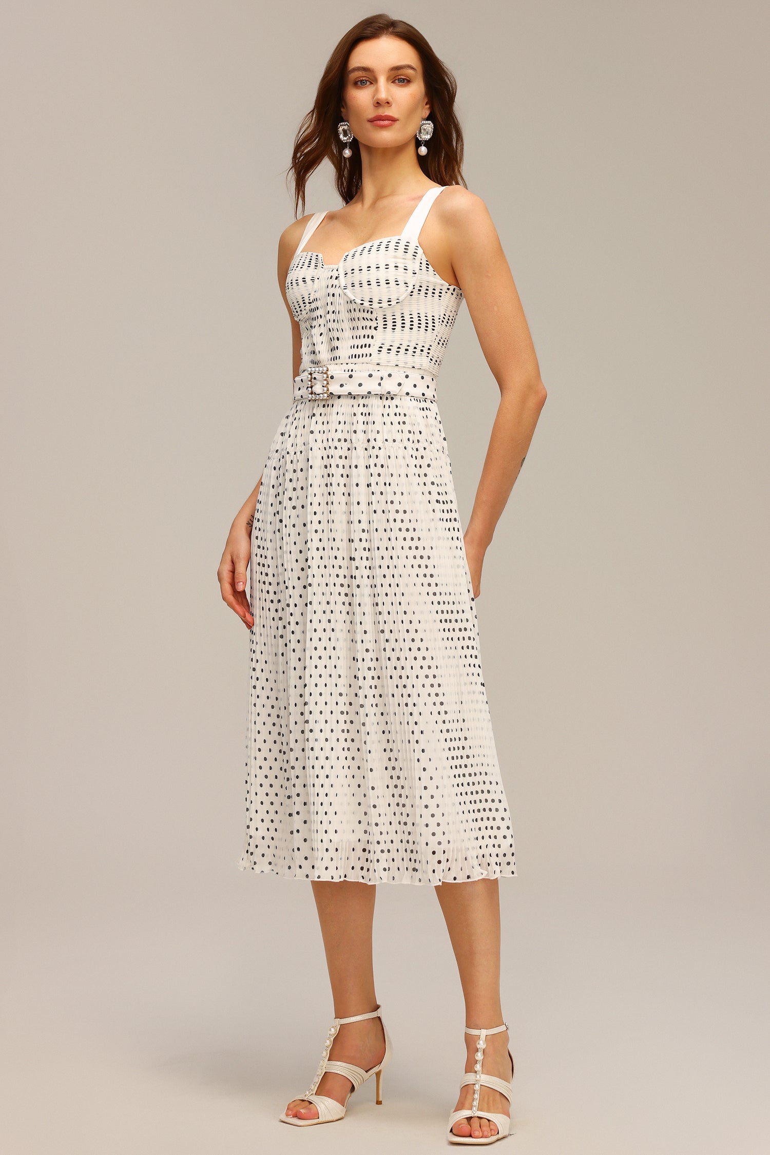Dakota White Pearl Dot Halter Fit and Flare Midi Dress