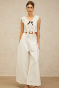 Dallas Cropped Top - V - neck Ruffled Sleeveless - Crystal Embellishments - Bowknot Detail