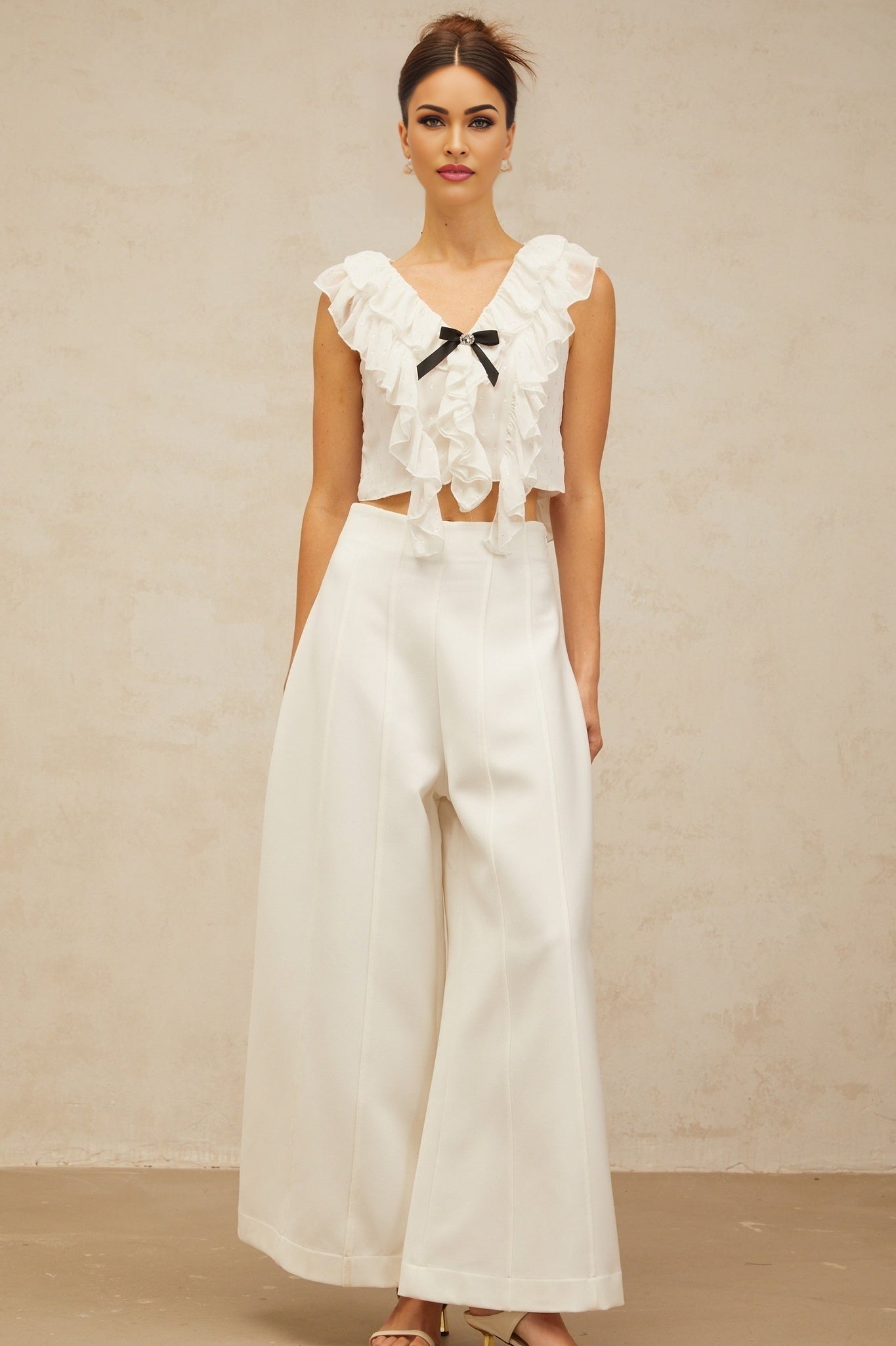Dallas Cropped Top - V - neck Ruffled Sleeveless - Crystal Embellishments - Bowknot Detail