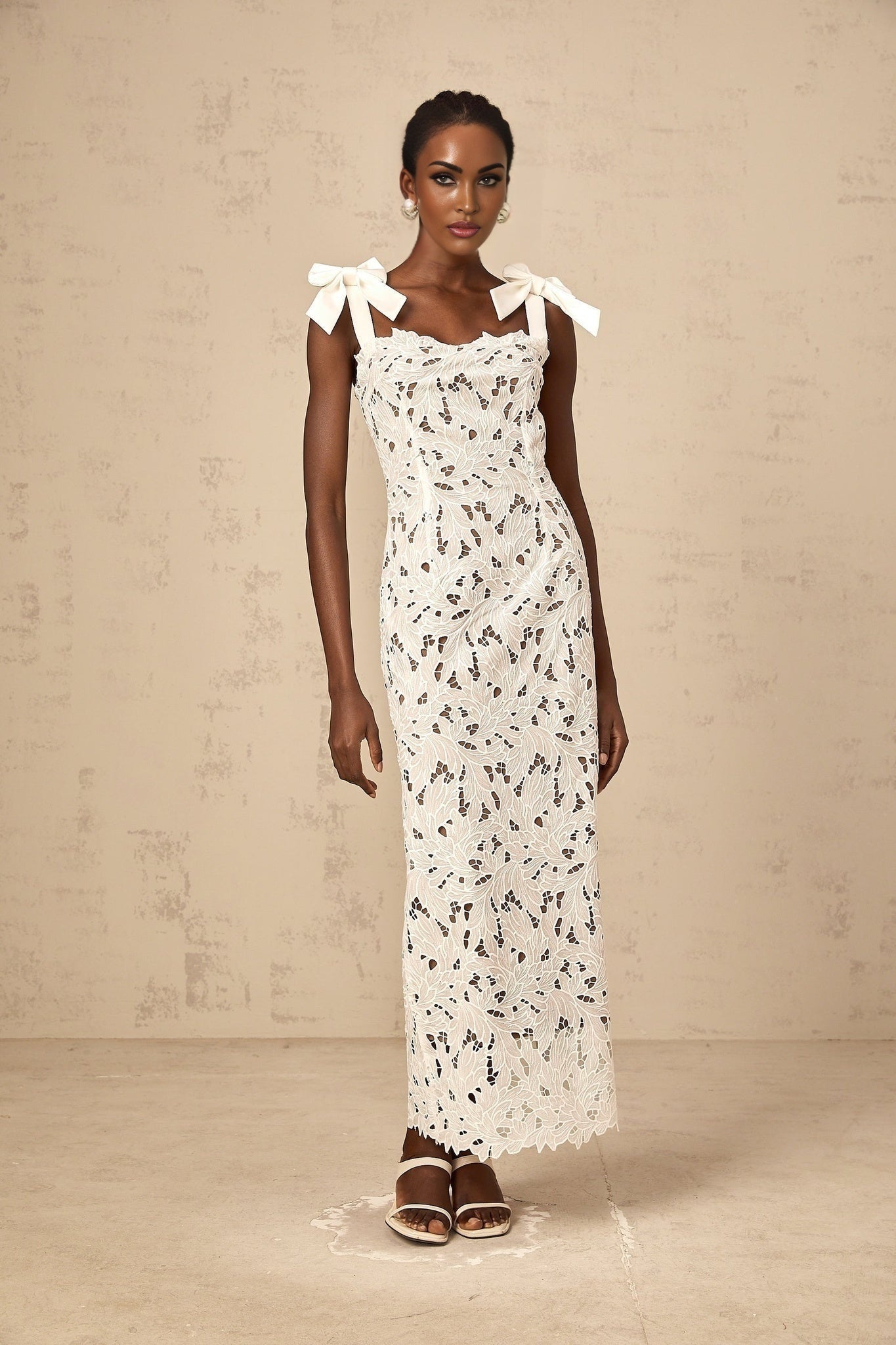 Dallas Floral Maxi Dress - Bowknot Straps - Velvet Finish - Cut - out Design - Lace Detailing