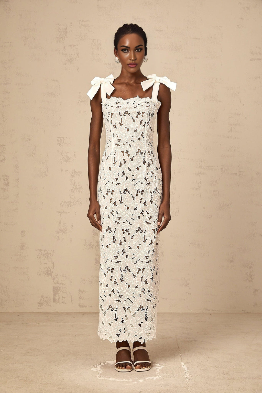 Dallas Floral Maxi Dress - Bowknot Straps - Velvet Finish - Cut - out Design - Lace Detailing
