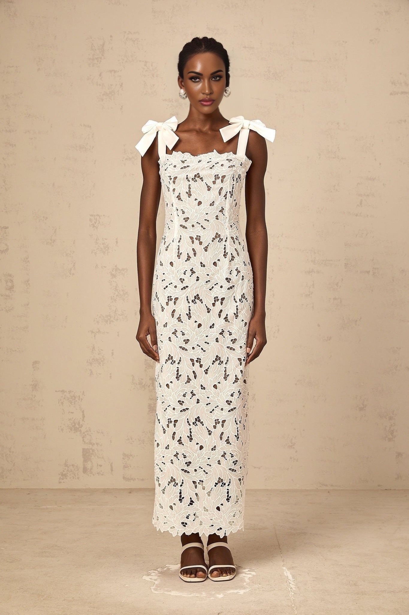 Dallas Floral Maxi Dress - Bowknot Straps - Velvet Finish - Cut - out Design - Lace Detailing