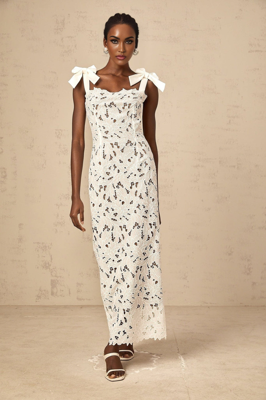 Dallas Floral Maxi Dress - Bowknot Straps - Velvet Finish - Cut - out Design - Lace Detailing