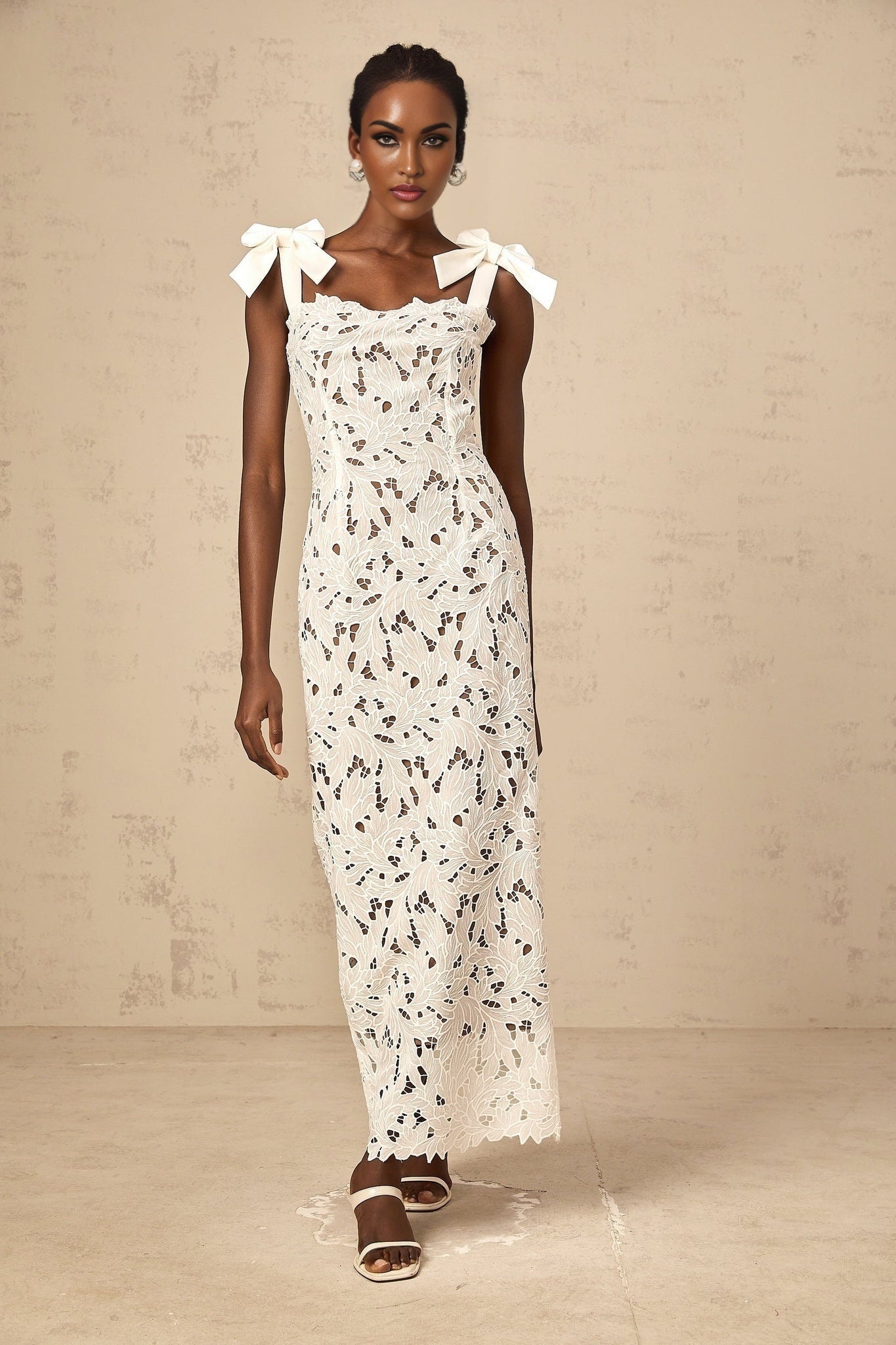Dallas Floral Maxi Dress - Bowknot Straps - Velvet Finish - Cut - out Design - Lace Detailing