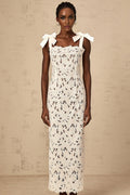 Dallas Floral Maxi Dress - Bowknot Straps - Velvet Finish - Cut - out Design - Lace Detailing