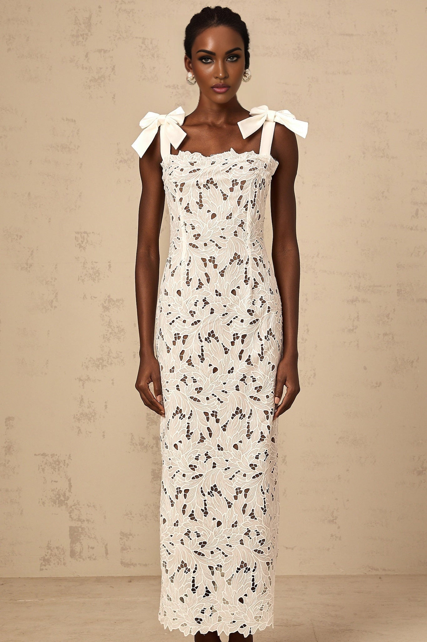 Dallas Floral Maxi Dress - Bowknot Straps - Velvet Finish - Cut - out Design - Lace Detailing