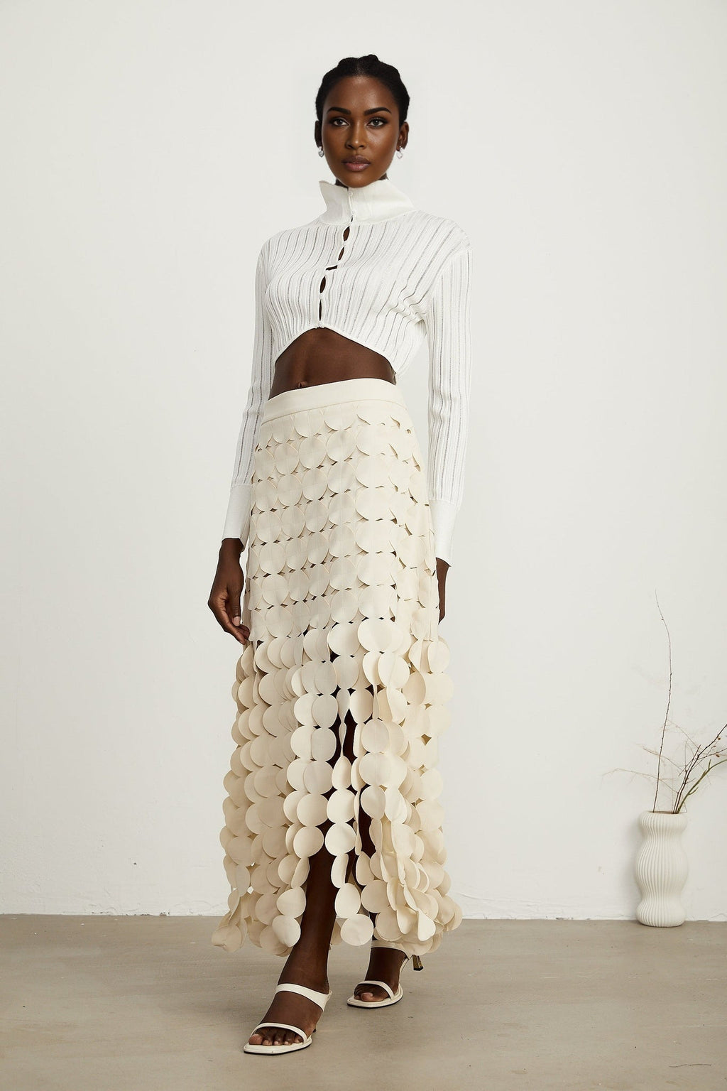 Dallas Maxi Skirt – Fabric Disc Overlay – Fringed Design – Half Lining – Rear Zip – Unique Statement Skirt