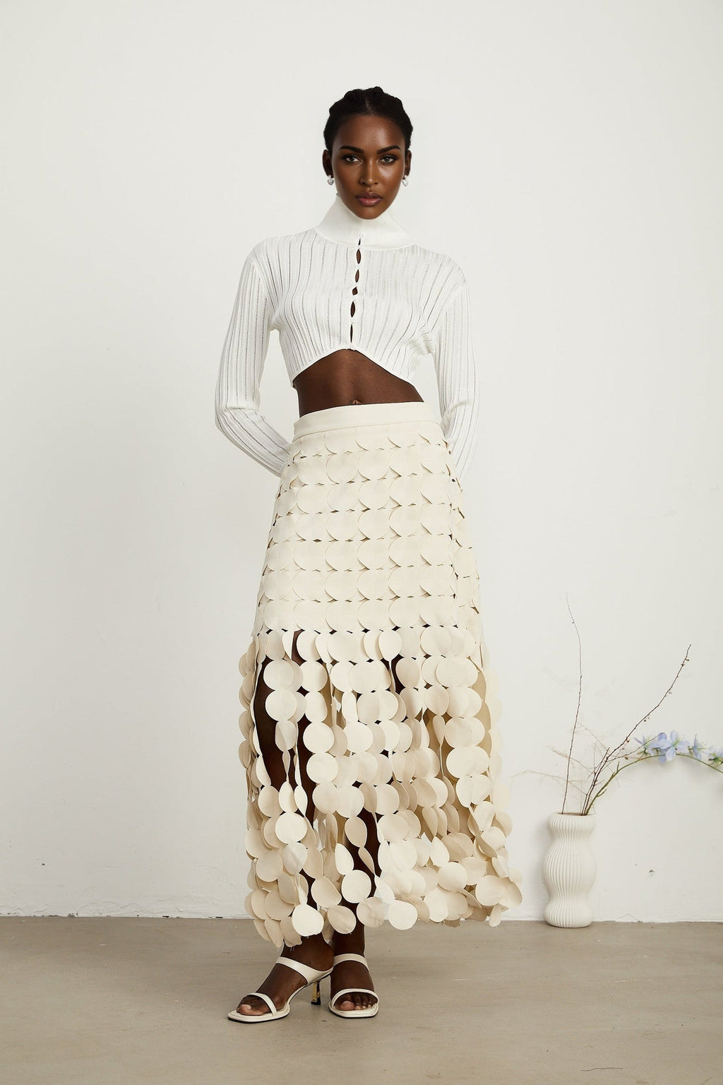Dallas Maxi Skirt – Fabric Disc Overlay – Fringed Design – Half Lining – Rear Zip – Unique Statement Skirt