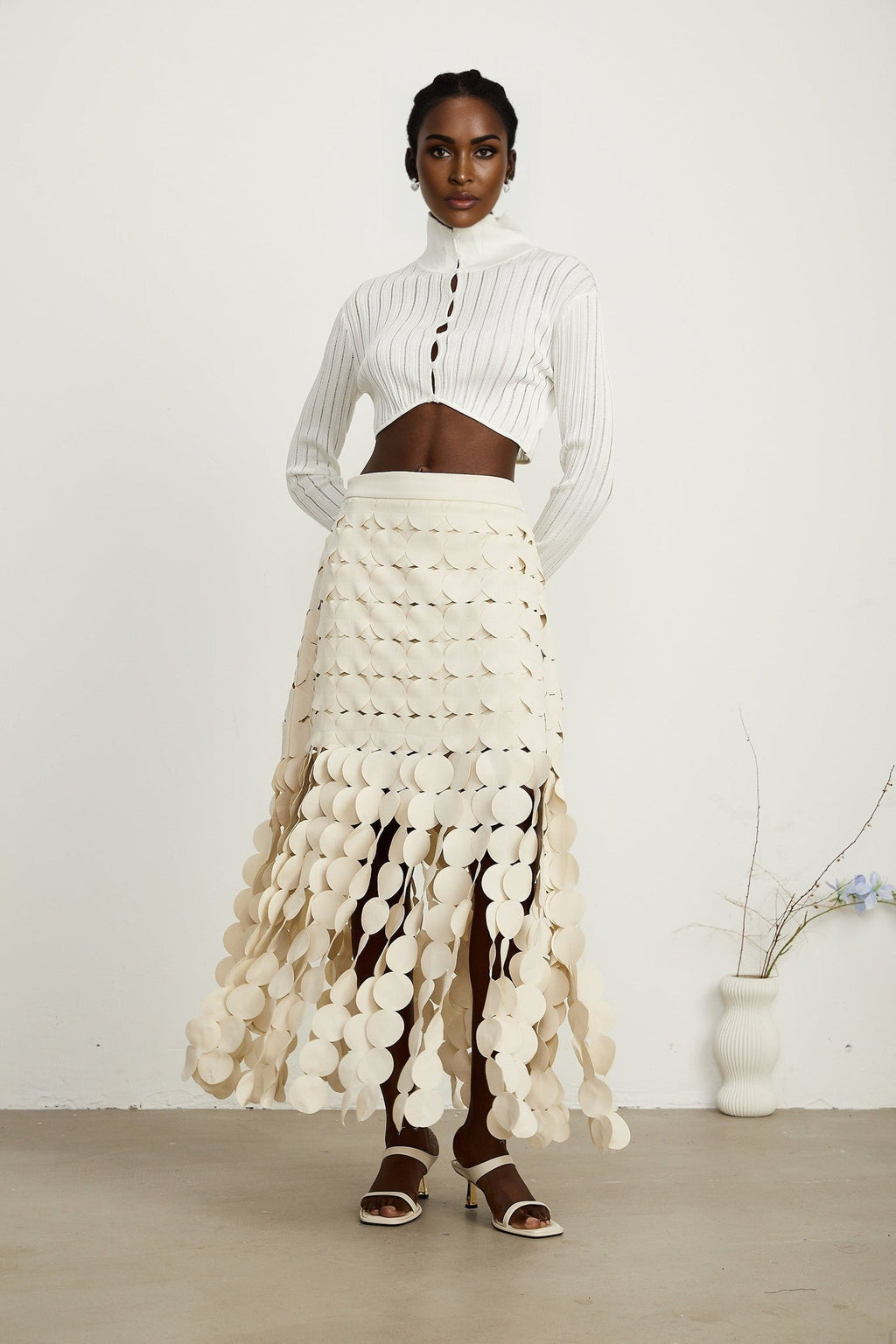 Dallas Maxi Skirt – Fabric Disc Overlay – Fringed Design – Half Lining – Rear Zip – Unique Statement Skirt