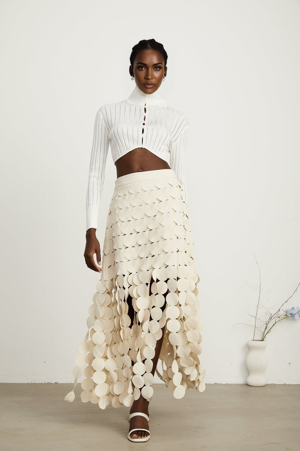 Dallas Maxi Skirt – Fabric Disc Overlay – Fringed Design – Half Lining – Rear Zip – Unique Statement Skirt