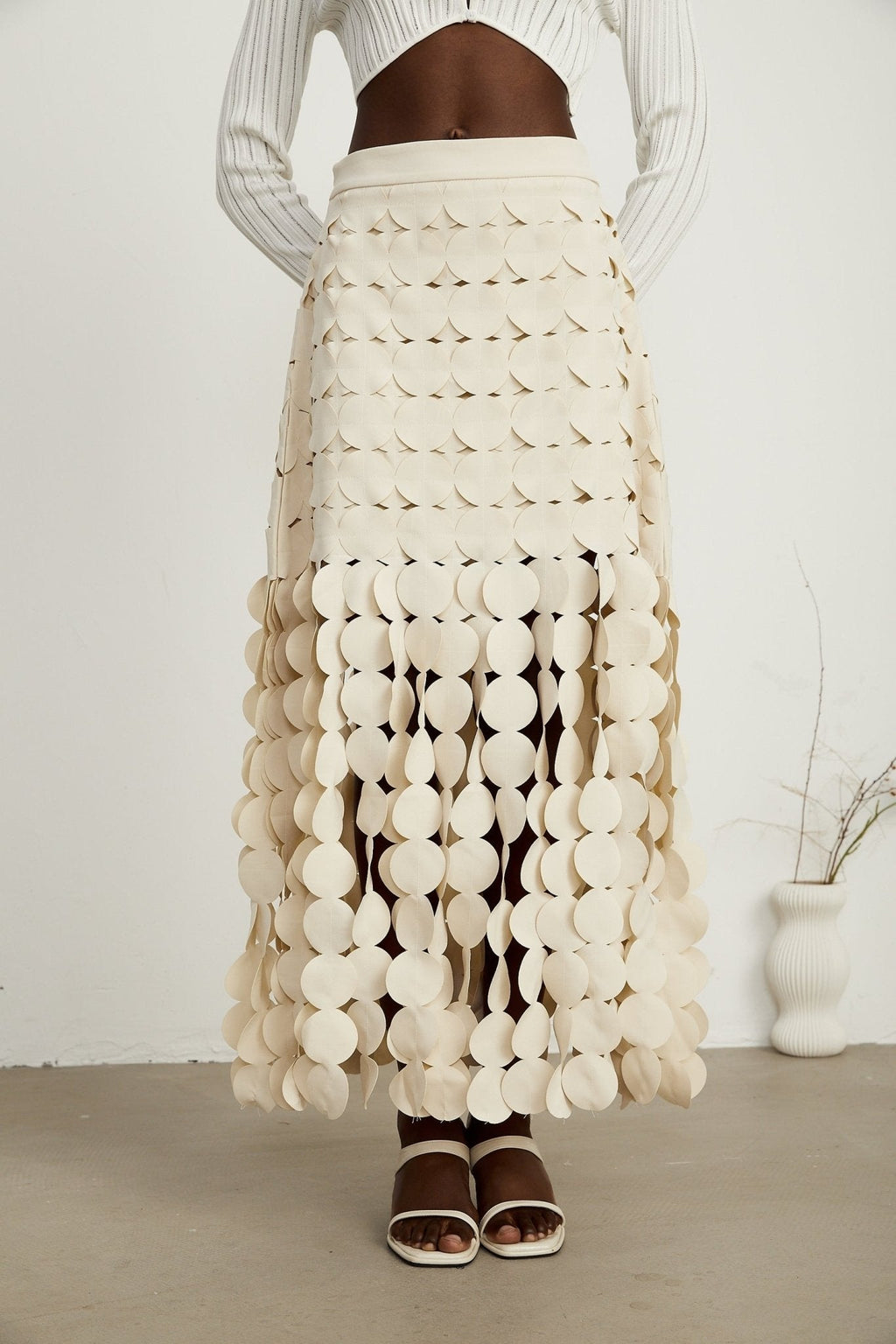 Dallas Maxi Skirt – Fabric Disc Overlay – Fringed Design – Half Lining – Rear Zip – Unique Statement Skirt