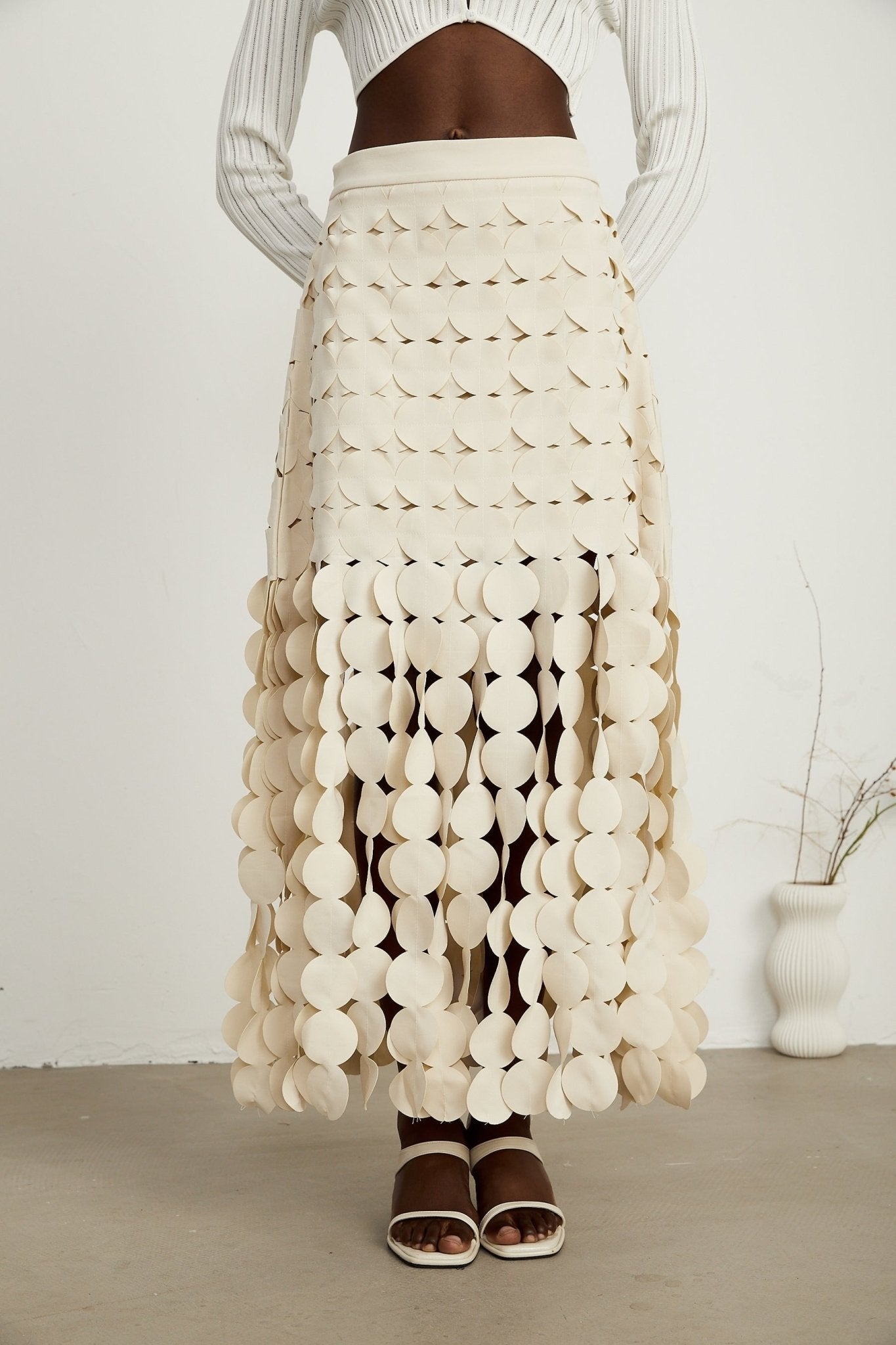Dallas Maxi Skirt – Fabric Disc Overlay – Fringed Design – Half Lining – Rear Zip – Unique Statement Skirt