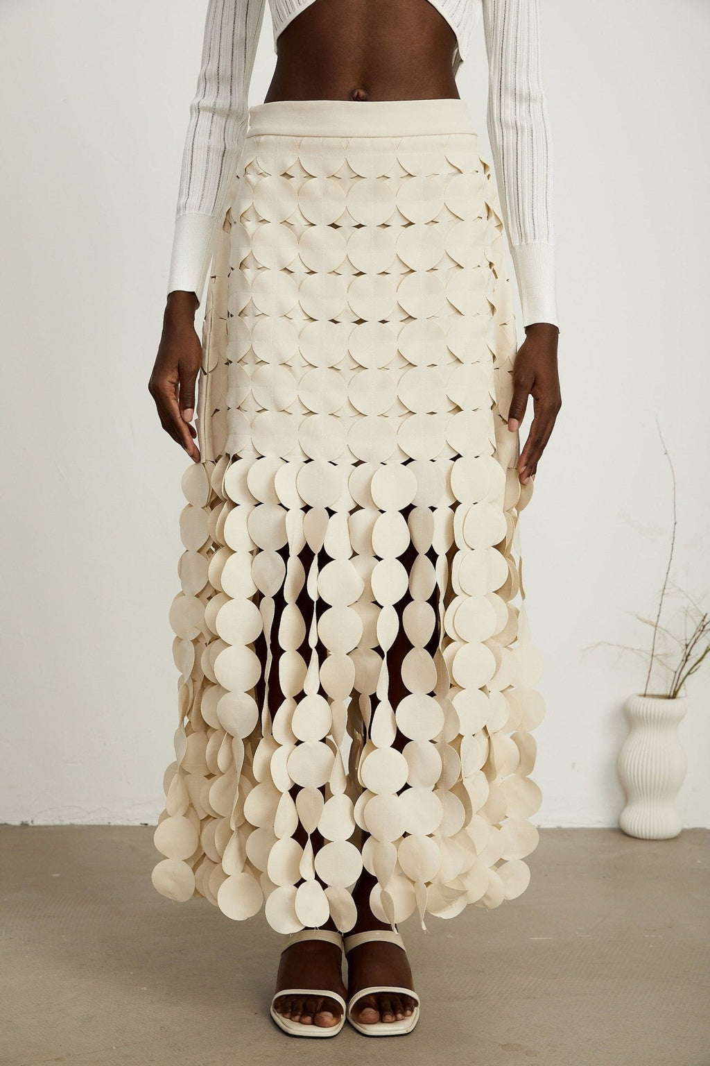 Dallas Maxi Skirt – Fabric Disc Overlay – Fringed Design – Half Lining – Rear Zip – Unique Statement Skirt