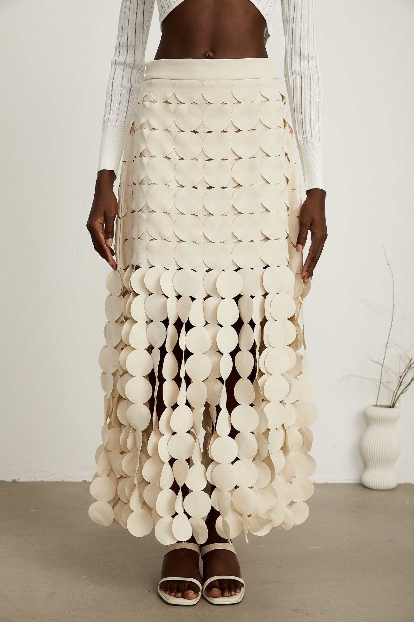 Dallas Maxi Skirt – Fabric Disc Overlay – Fringed Design – Half Lining – Rear Zip – Unique Statement Skirt