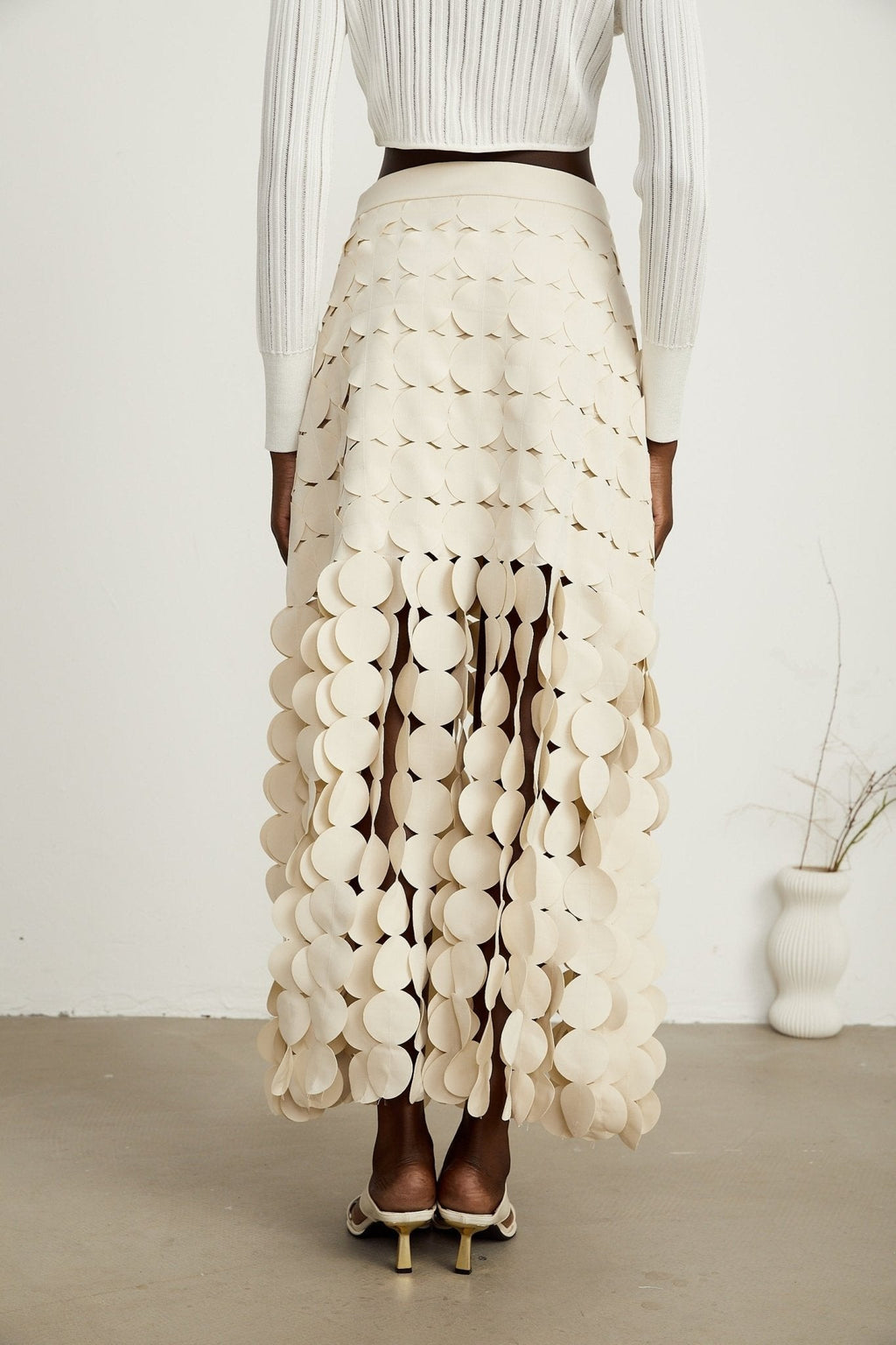 Dallas Maxi Skirt – Fabric Disc Overlay – Fringed Design – Half Lining – Rear Zip – Unique Statement Skirt