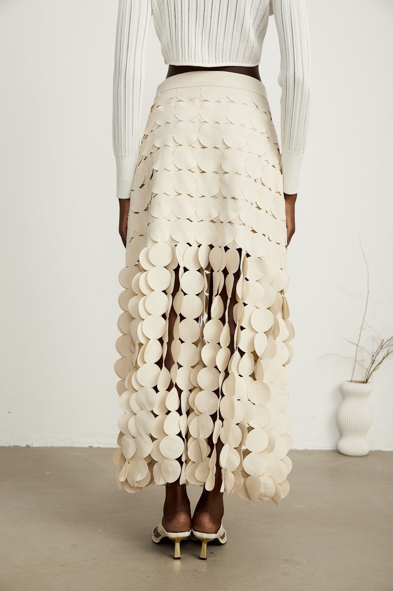 Dallas Maxi Skirt – Fabric Disc Overlay – Fringed Design – Half Lining – Rear Zip – Unique Statement Skirt