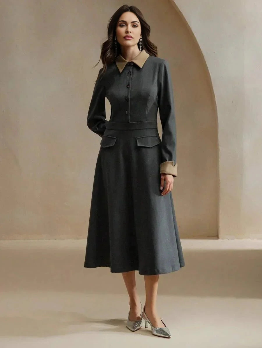Dallas Midi Dress - Elegant Style - Belted - Button Front - Colorblock - Formal & Evening