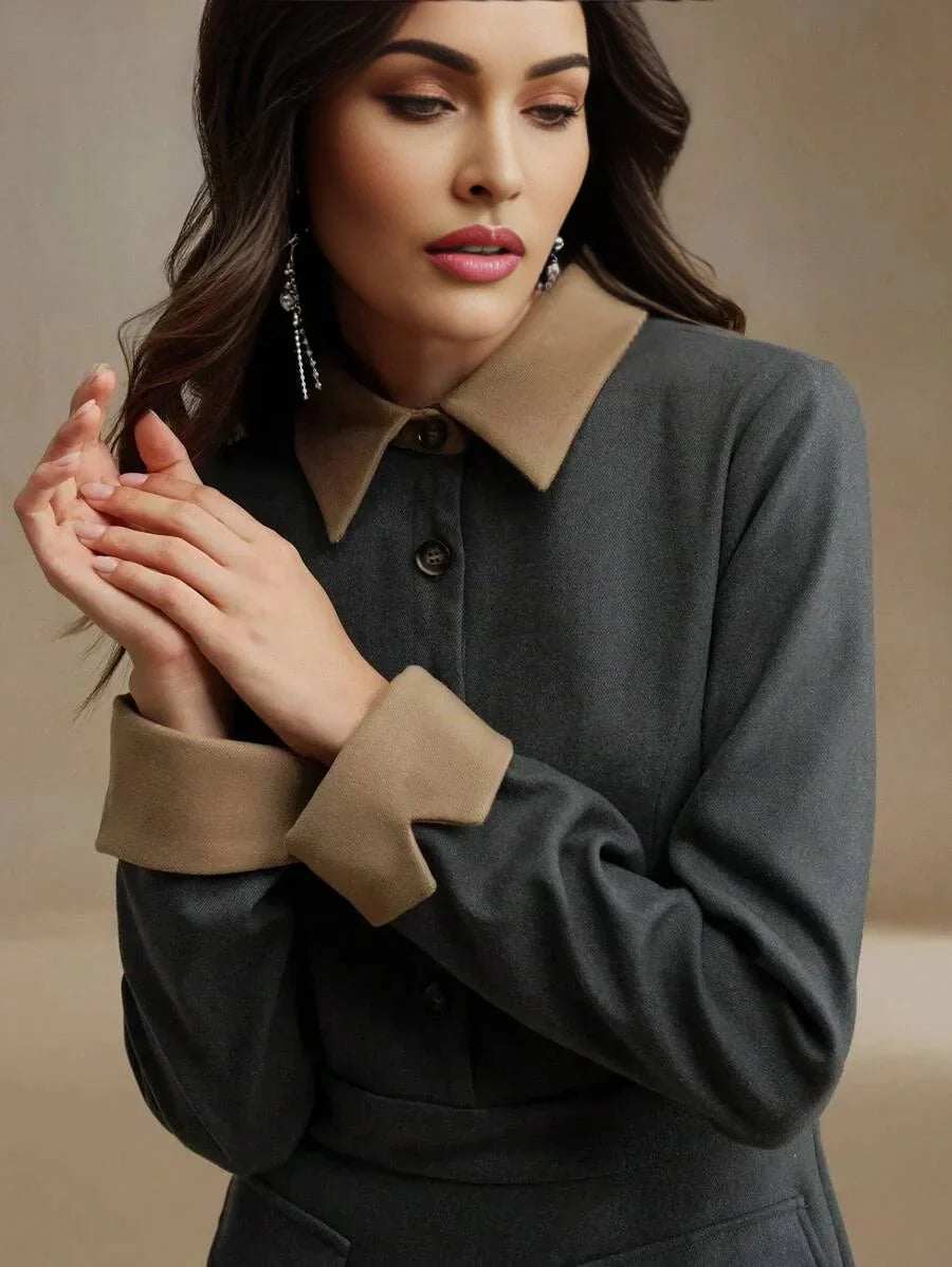 Dallas Midi Dress - Elegant Style - Belted - Button Front - Colorblock - Formal & Evening