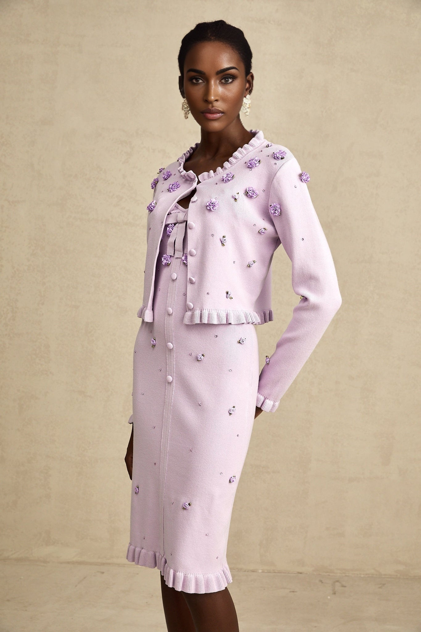 Daniela Cardigan & Dress - Fine Knit - Ruffled Trim - Faux - Flower Design - Cropped & Midi Length