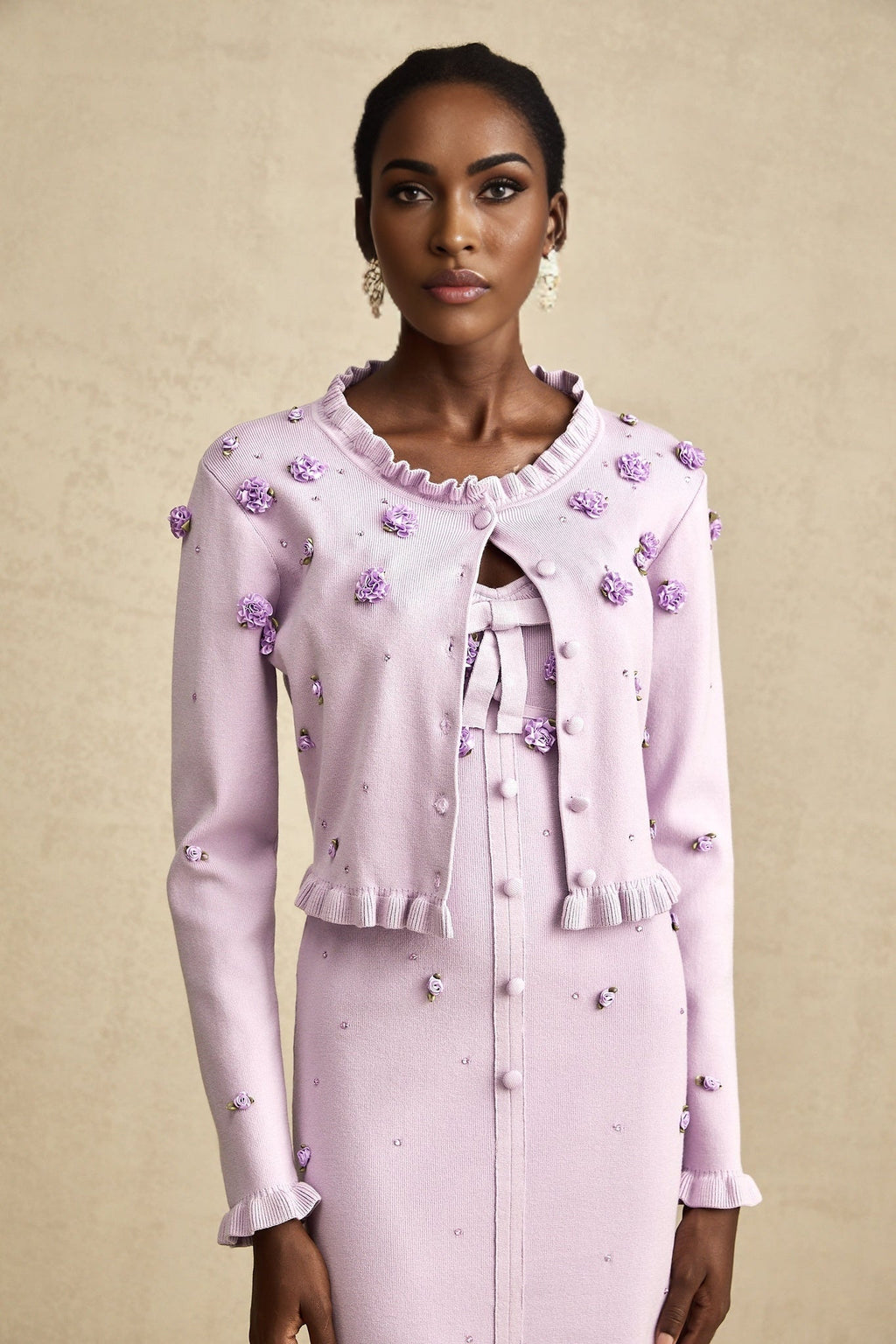 Daniela Cardigan & Dress - Fine Knit - Ruffled Trim - Faux - Flower Design - Cropped & Midi Length
