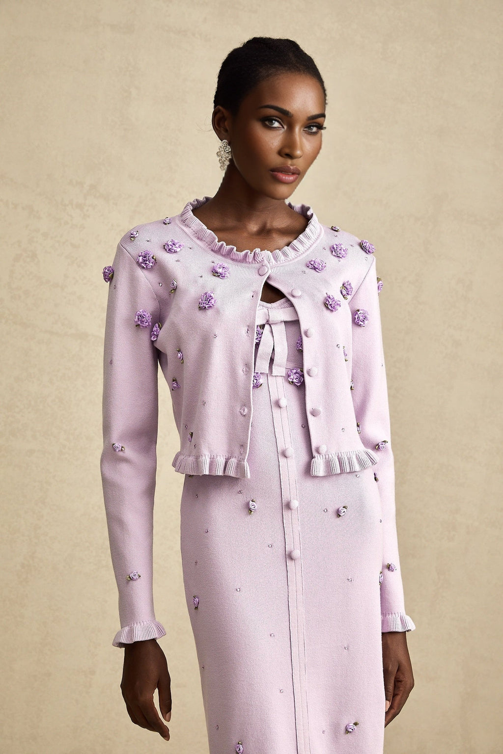 Daniela Cardigan & Dress - Fine Knit - Ruffled Trim - Faux - Flower Design - Cropped & Midi Length