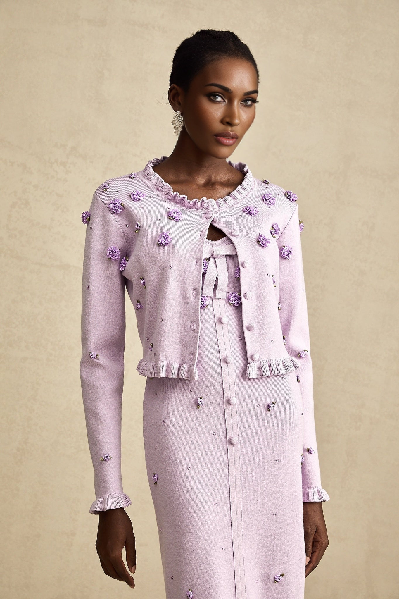 Daniela Cardigan & Dress - Fine Knit - Ruffled Trim - Faux - Flower Design - Cropped & Midi Length