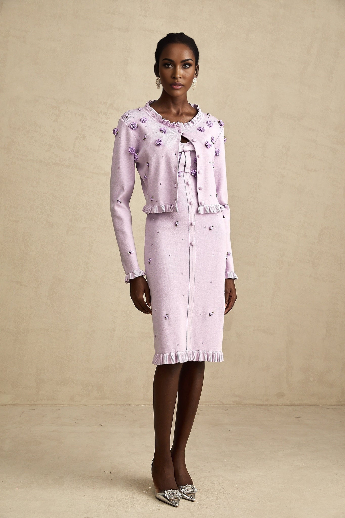 Daniela Cardigan & Dress - Fine Knit - Ruffled Trim - Faux - Flower Design - Cropped & Midi Length