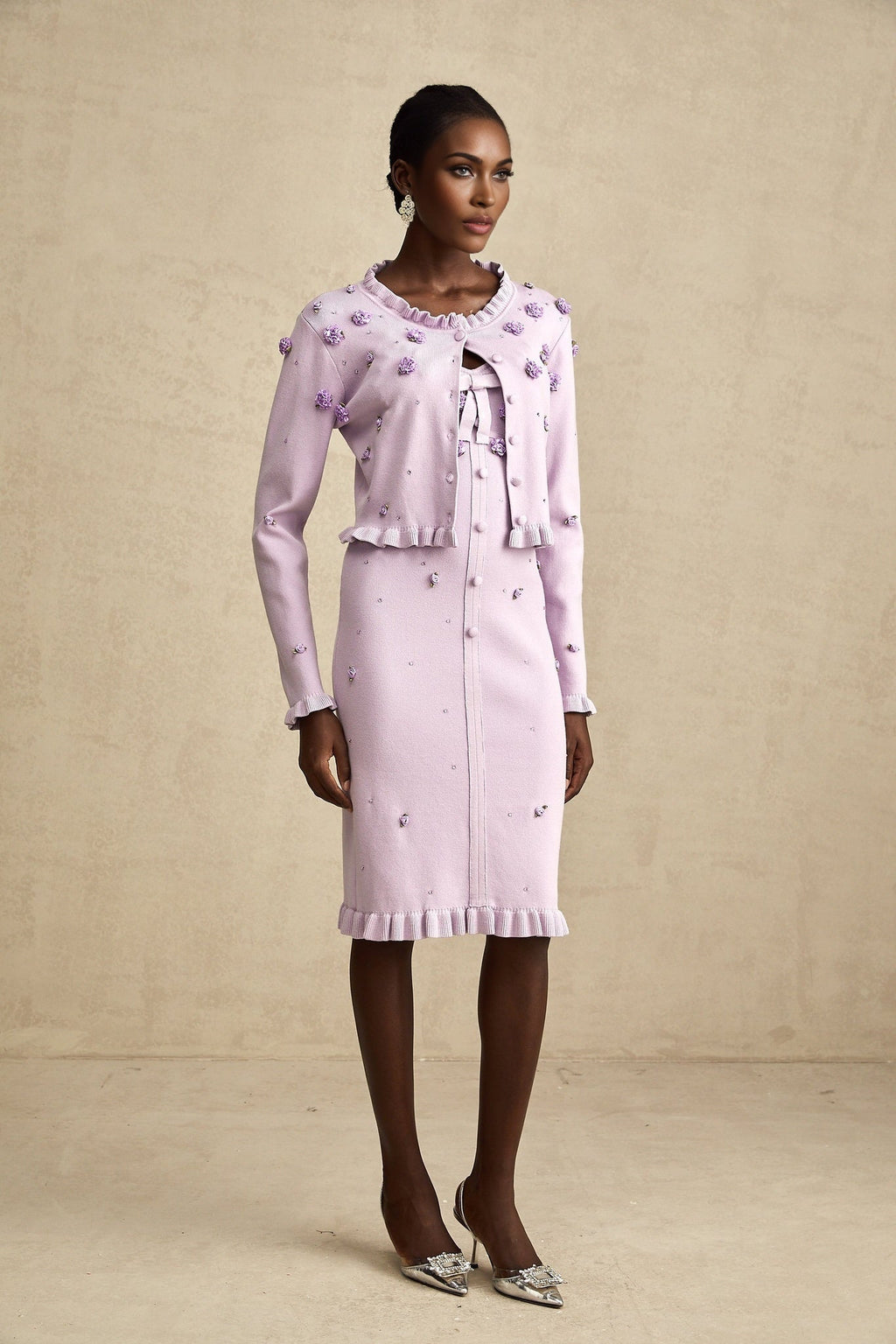 Daniela Cardigan & Dress - Fine Knit - Ruffled Trim - Faux - Flower Design - Cropped & Midi Length