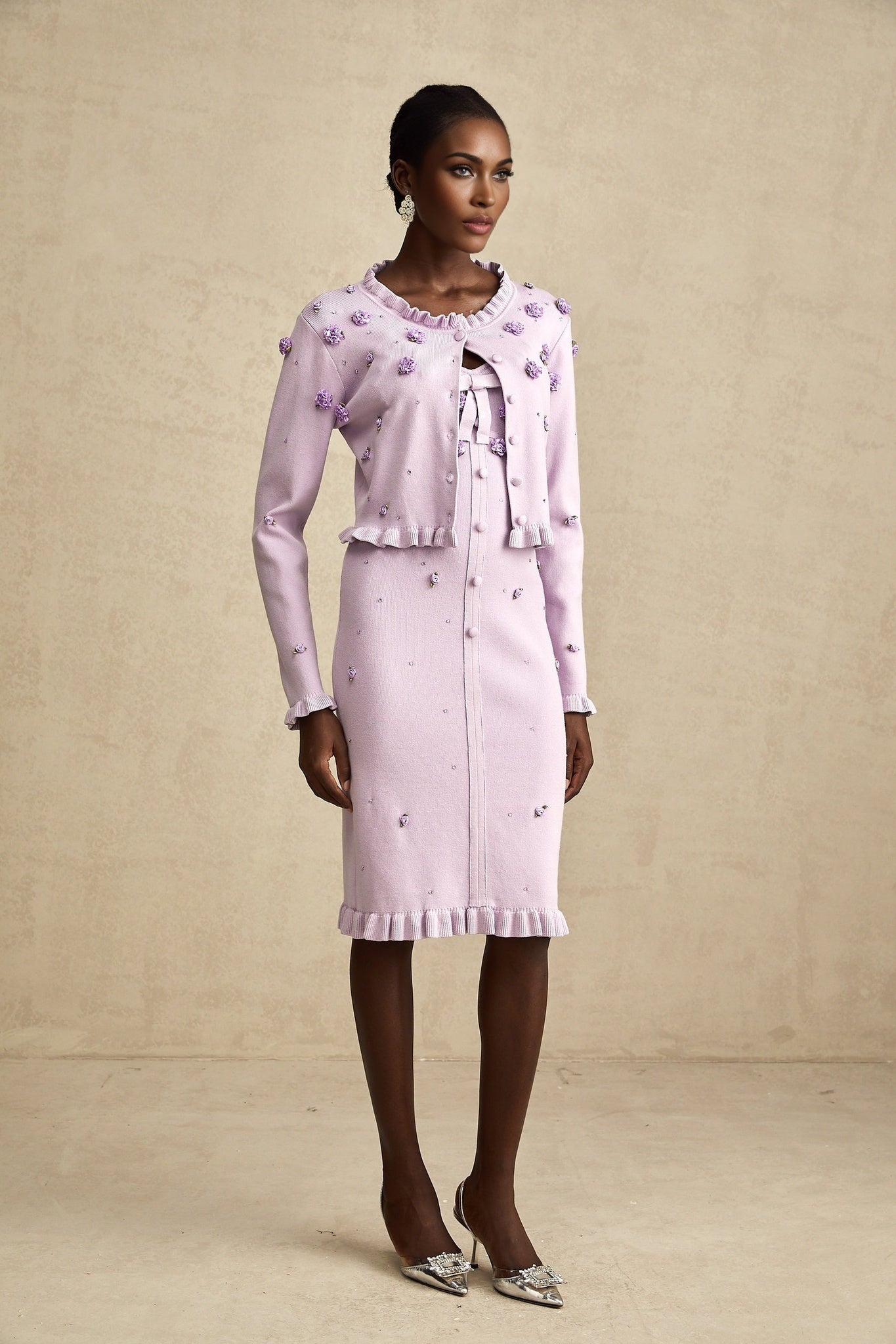 Daniela Cardigan & Dress - Fine Knit - Ruffled Trim - Faux - Flower Design - Cropped & Midi Length