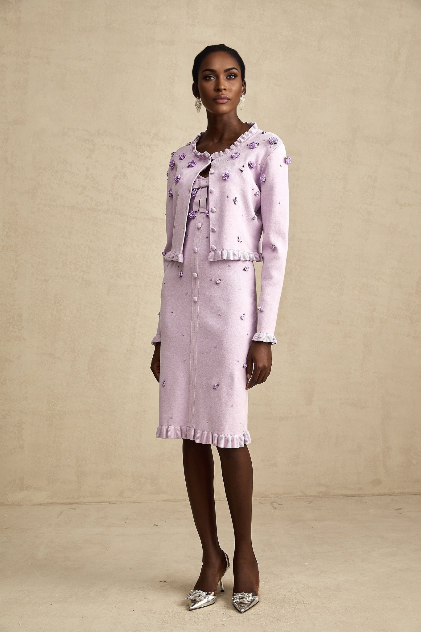 Daniela Cardigan & Dress - Fine Knit - Ruffled Trim - Faux - Flower Design - Cropped & Midi Length
