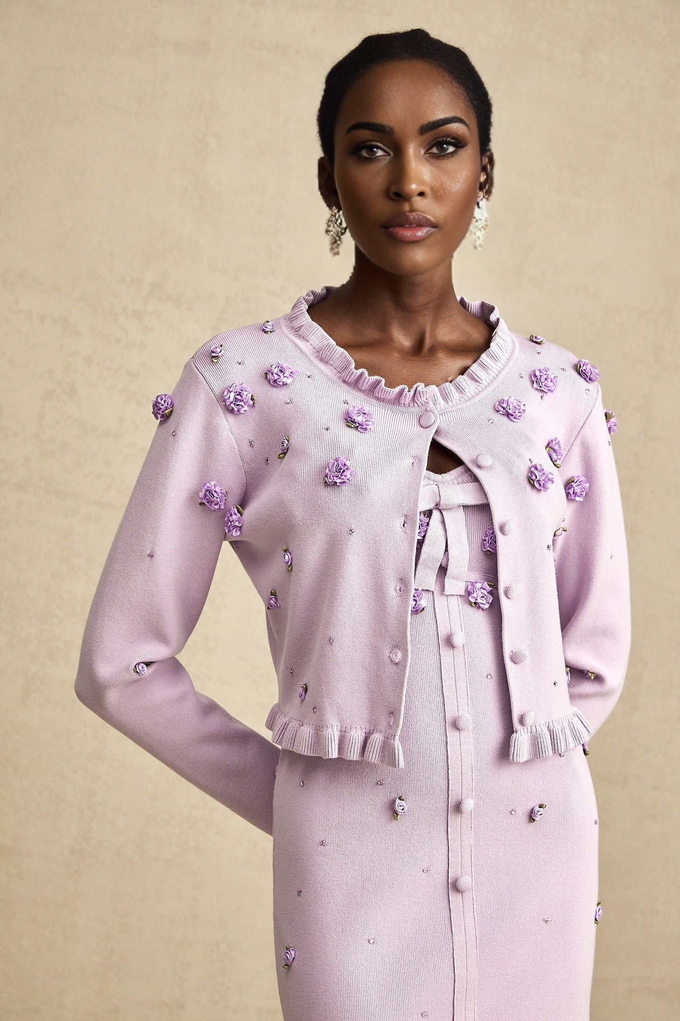 Daniela Cardigan & Dress - Fine Knit - Ruffled Trim - Faux - Flower Design - Cropped & Midi Length