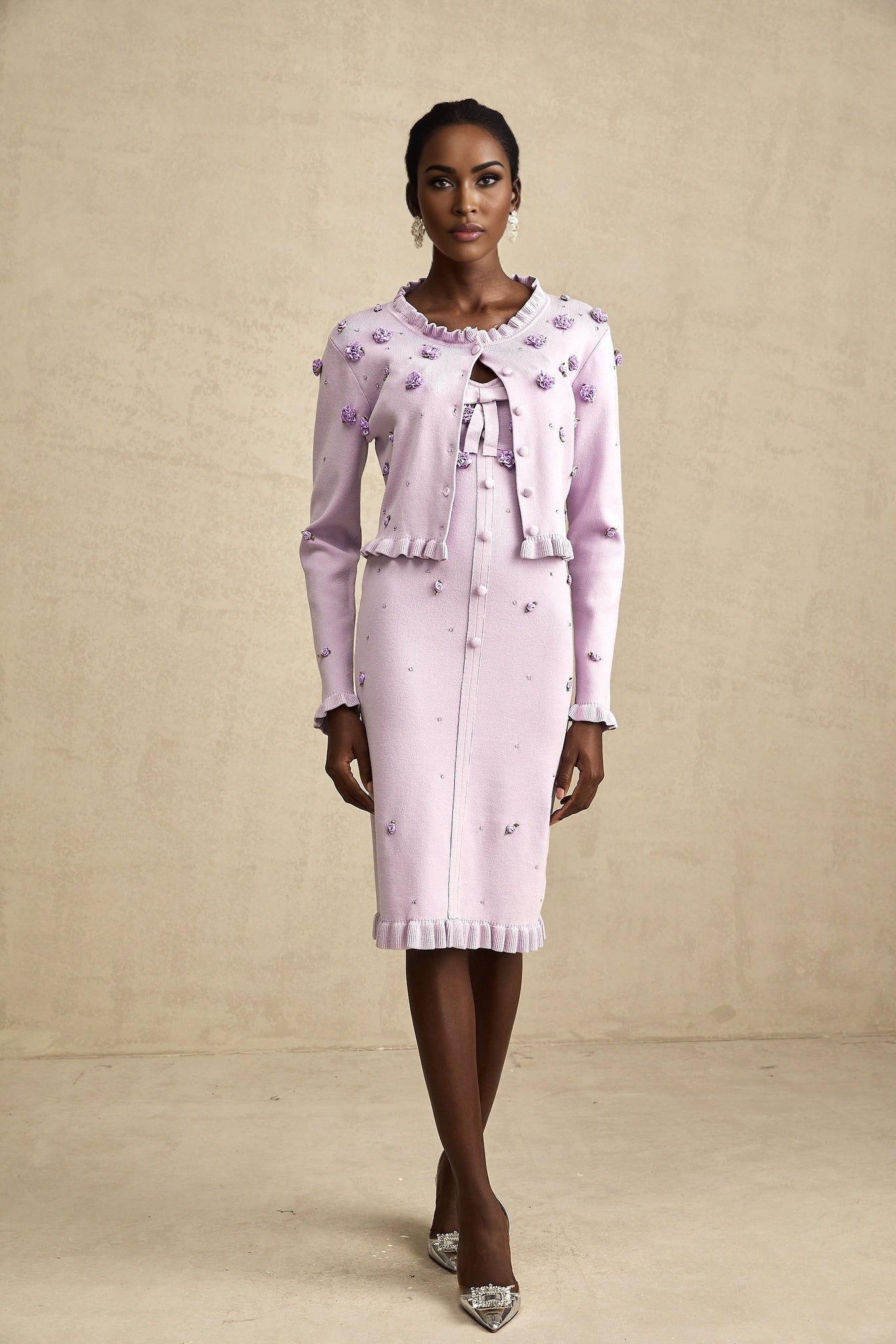 Daniela Cardigan & Dress - Fine Knit - Ruffled Trim - Faux - Flower Design - Cropped & Midi Length