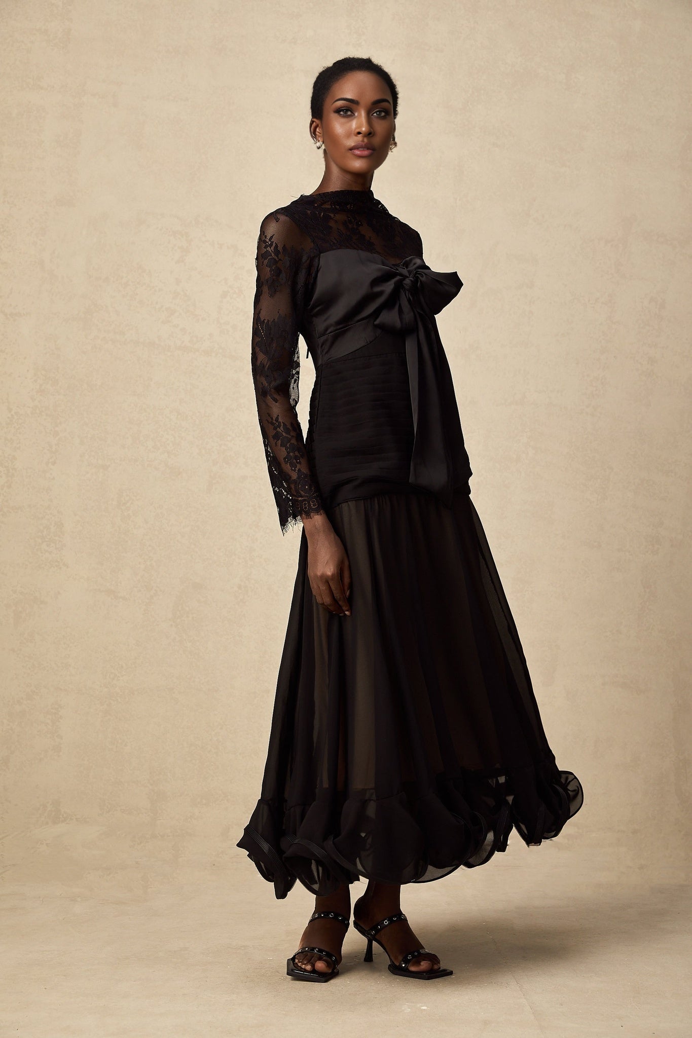 Daniela Floral Midi Dress - Mock Neck - Long Sleeves - Semi - Sheer Design - Bowknot & Lace Detail