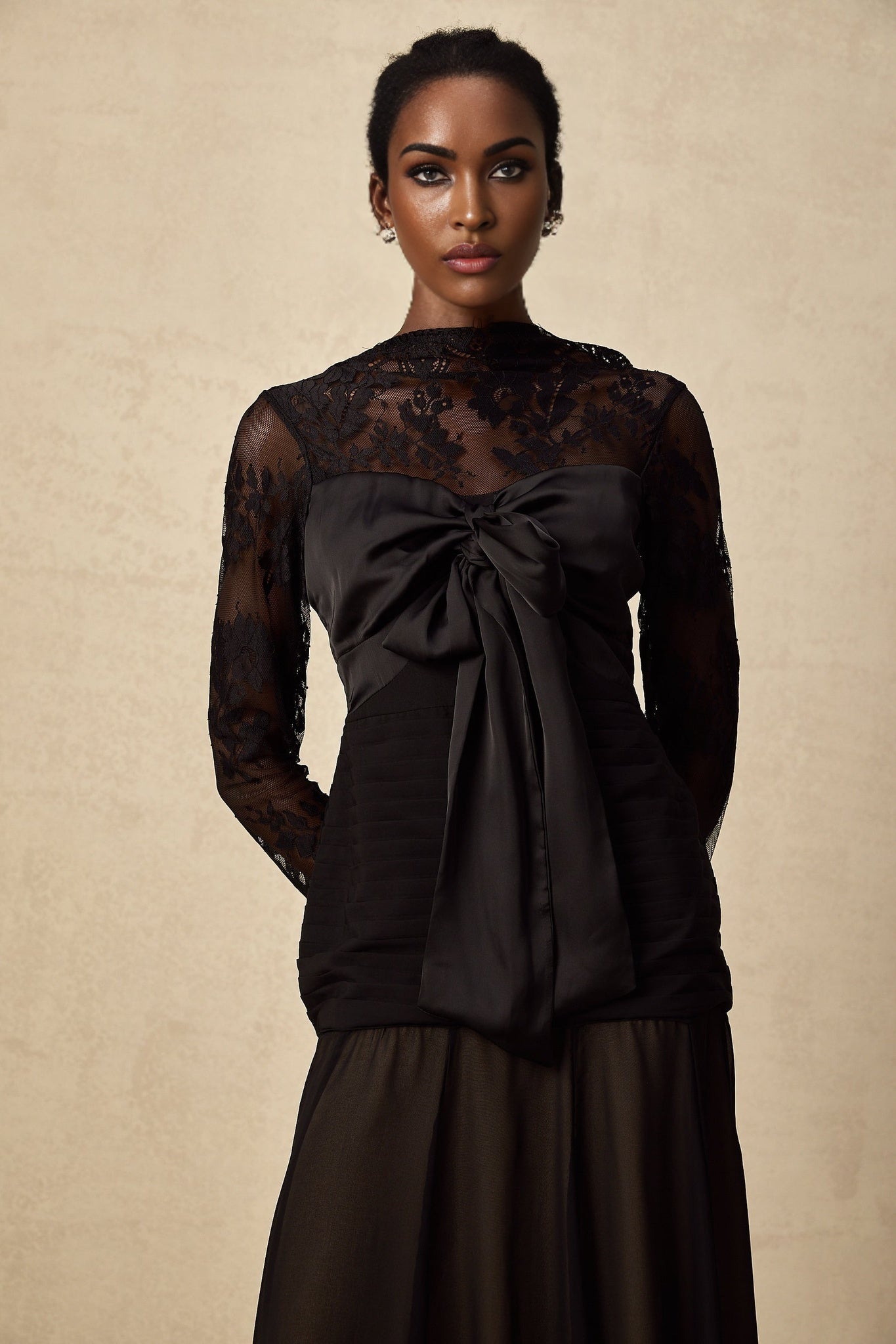 Daniela Floral Midi Dress - Mock Neck - Long Sleeves - Semi - Sheer Design - Bowknot & Lace Detail