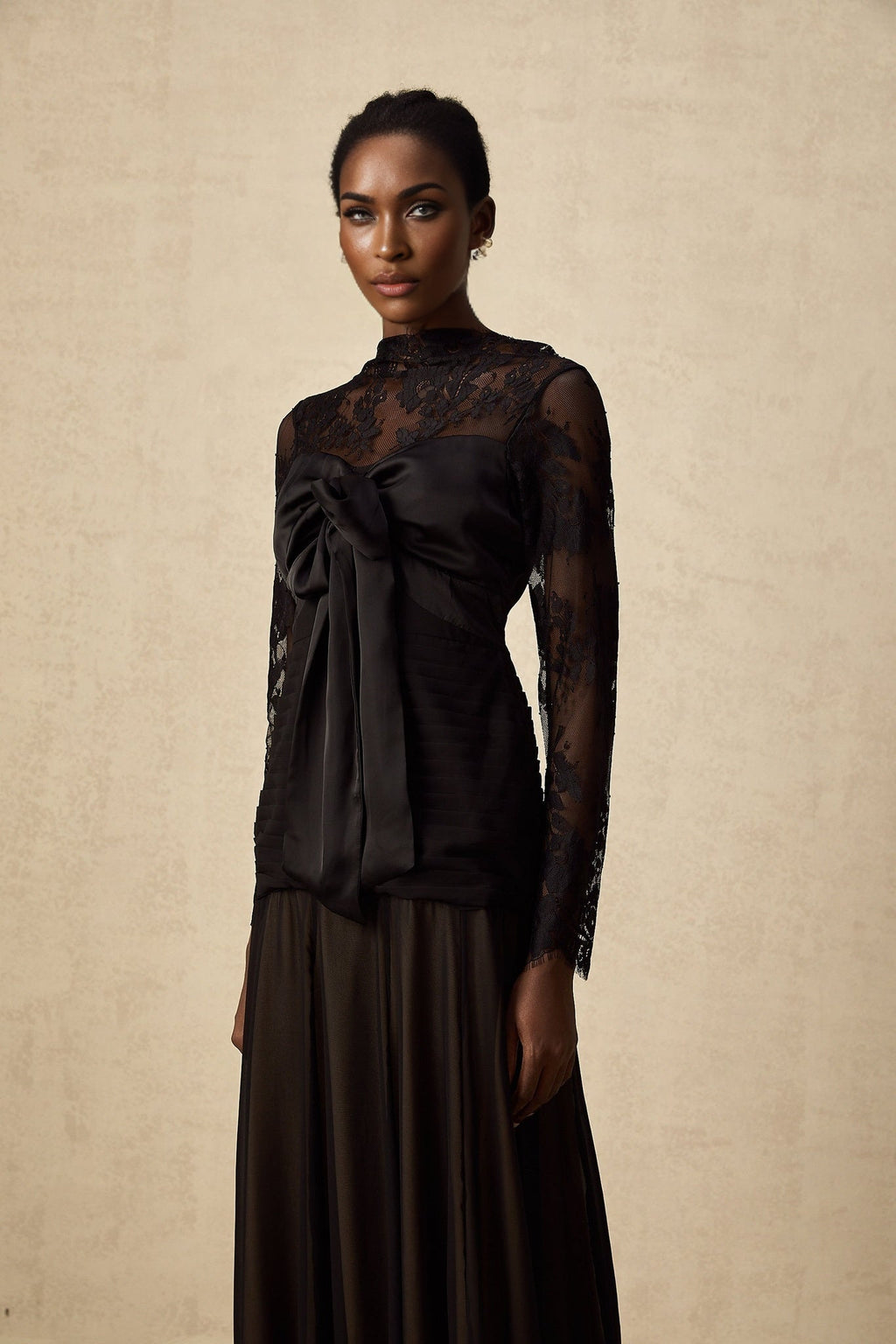 Daniela Floral Midi Dress - Mock Neck - Long Sleeves - Semi - Sheer Design - Bowknot & Lace Detail