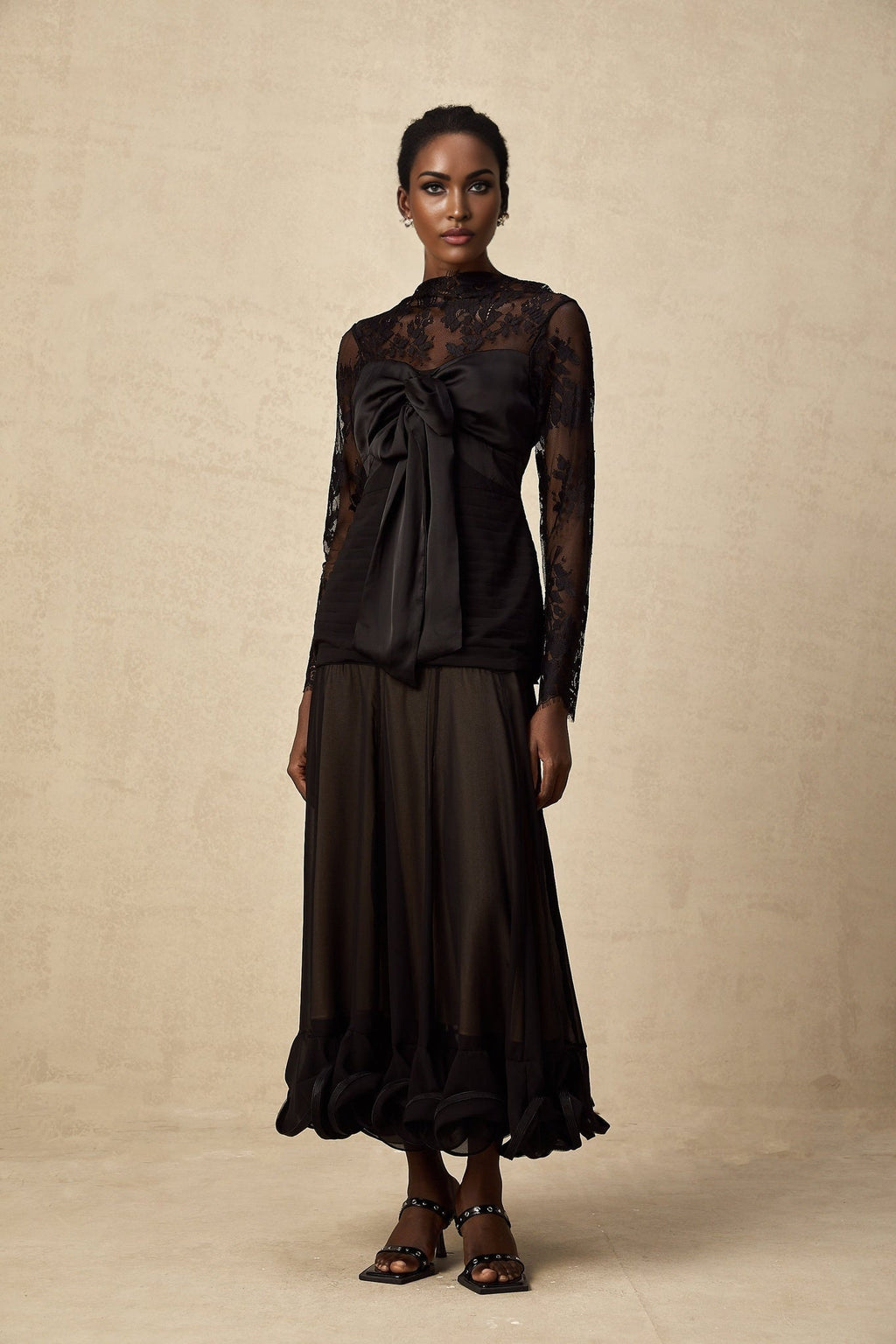 Daniela Floral Midi Dress - Mock Neck - Long Sleeves - Semi - Sheer Design - Bowknot & Lace Detail