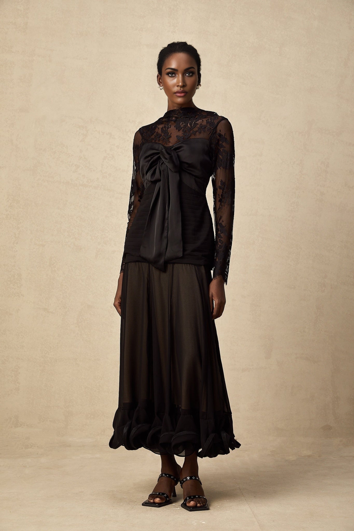 Daniela Floral Midi Dress - Mock Neck - Long Sleeves - Semi - Sheer Design - Bowknot & Lace Detail