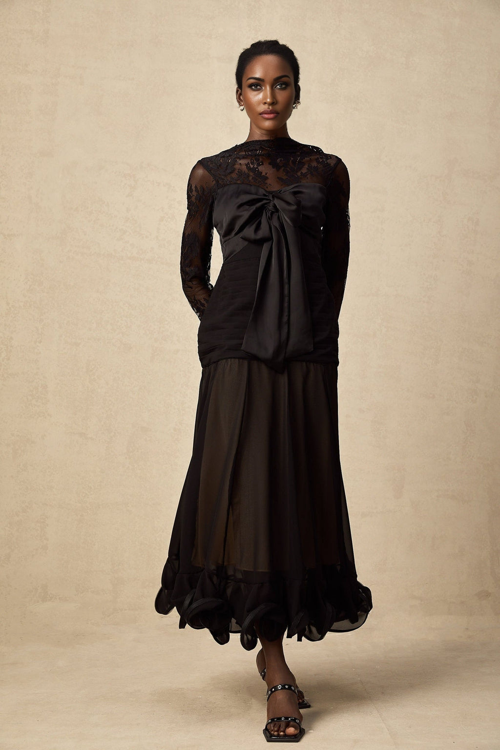 Daniela Floral Midi Dress - Mock Neck - Long Sleeves - Semi - Sheer Design - Bowknot & Lace Detail