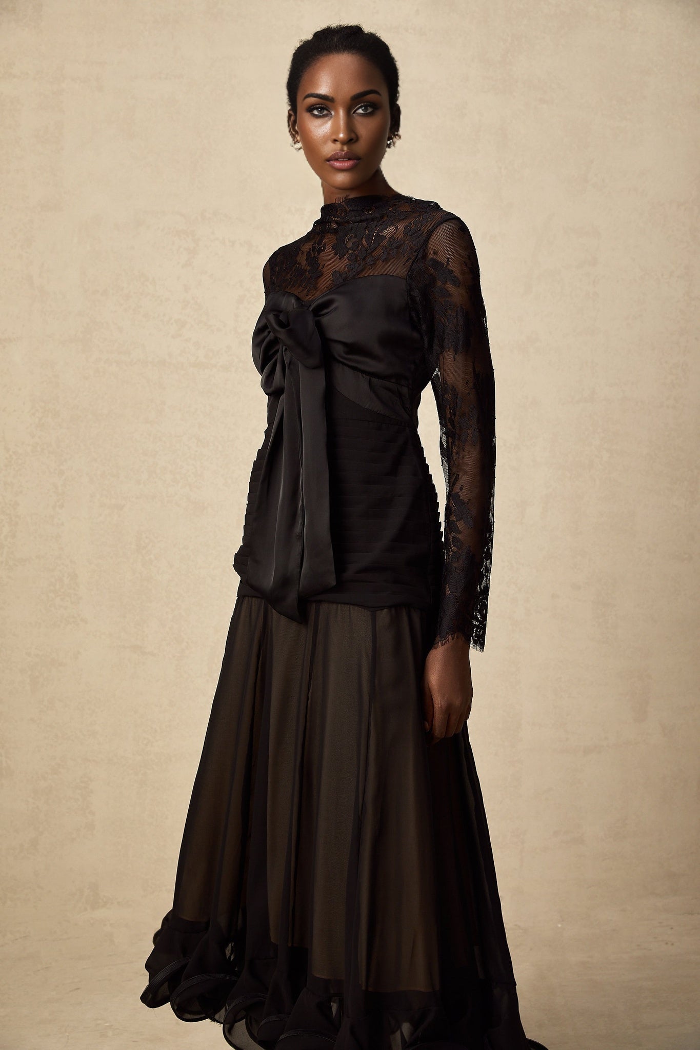 Daniela Floral Midi Dress - Mock Neck - Long Sleeves - Semi - Sheer Design - Bowknot & Lace Detail