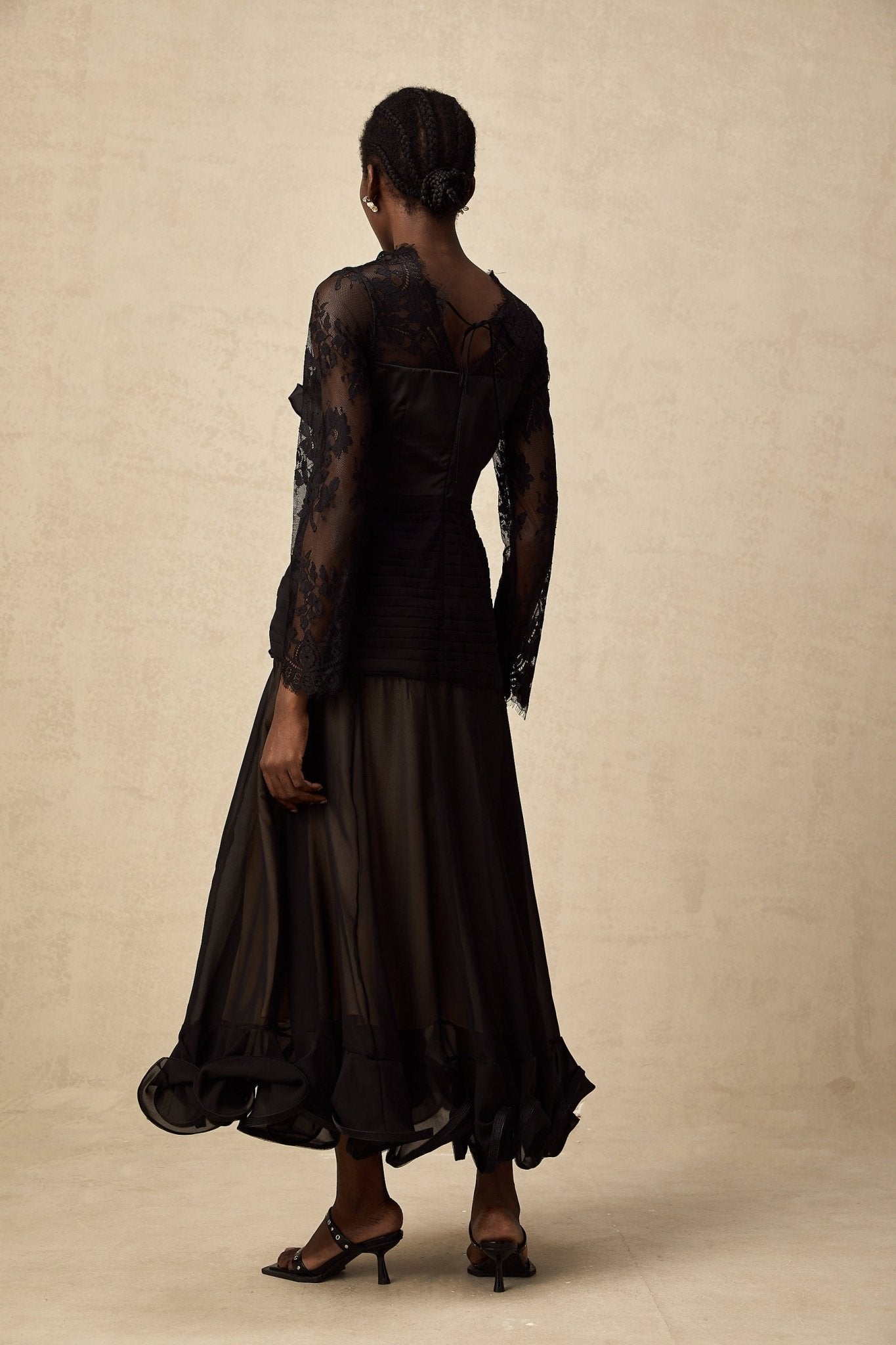 Daniela Floral Midi Dress - Mock Neck - Long Sleeves - Semi - Sheer Design - Bowknot & Lace Detail