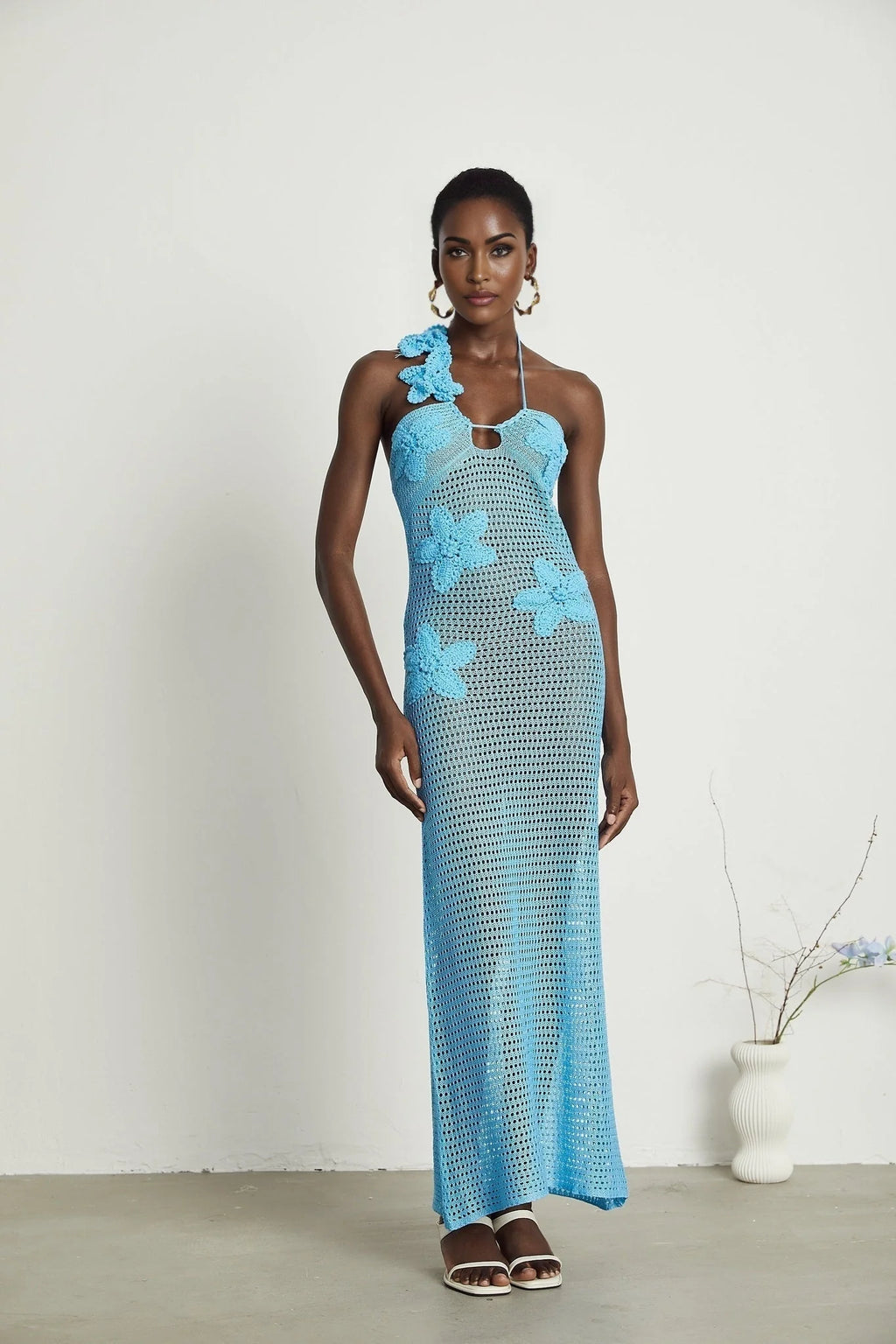 Daniela Maxi Dress - Halterneck Design - Open Back - Bustier Style - Faux - Flower Embellished