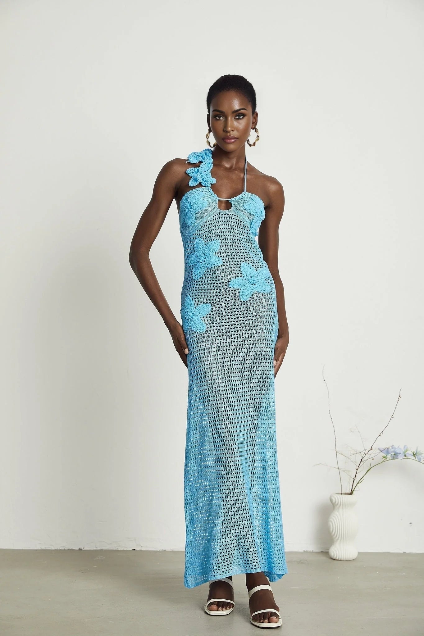 Daniela Maxi Dress - Halterneck Design - Open Back - Bustier Style - Faux - Flower Embellished