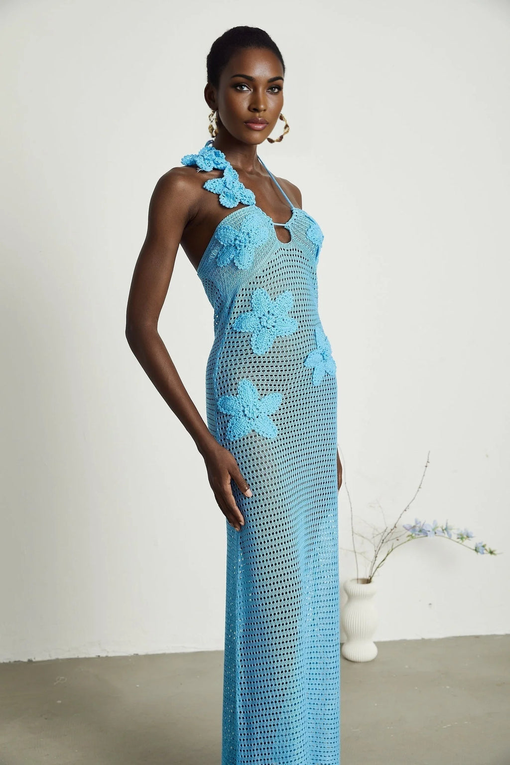 Daniela Maxi Dress - Halterneck Design - Open Back - Bustier Style - Faux - Flower Embellished