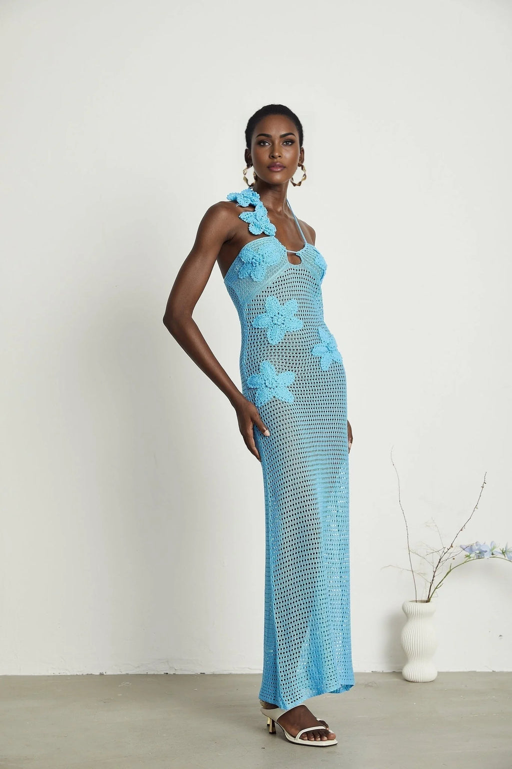 Daniela Maxi Dress - Halterneck Design - Open Back - Bustier Style - Faux - Flower Embellished