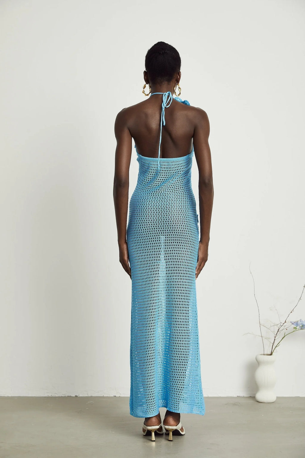Daniela Maxi Dress - Halterneck Design - Open Back - Bustier Style - Faux - Flower Embellished