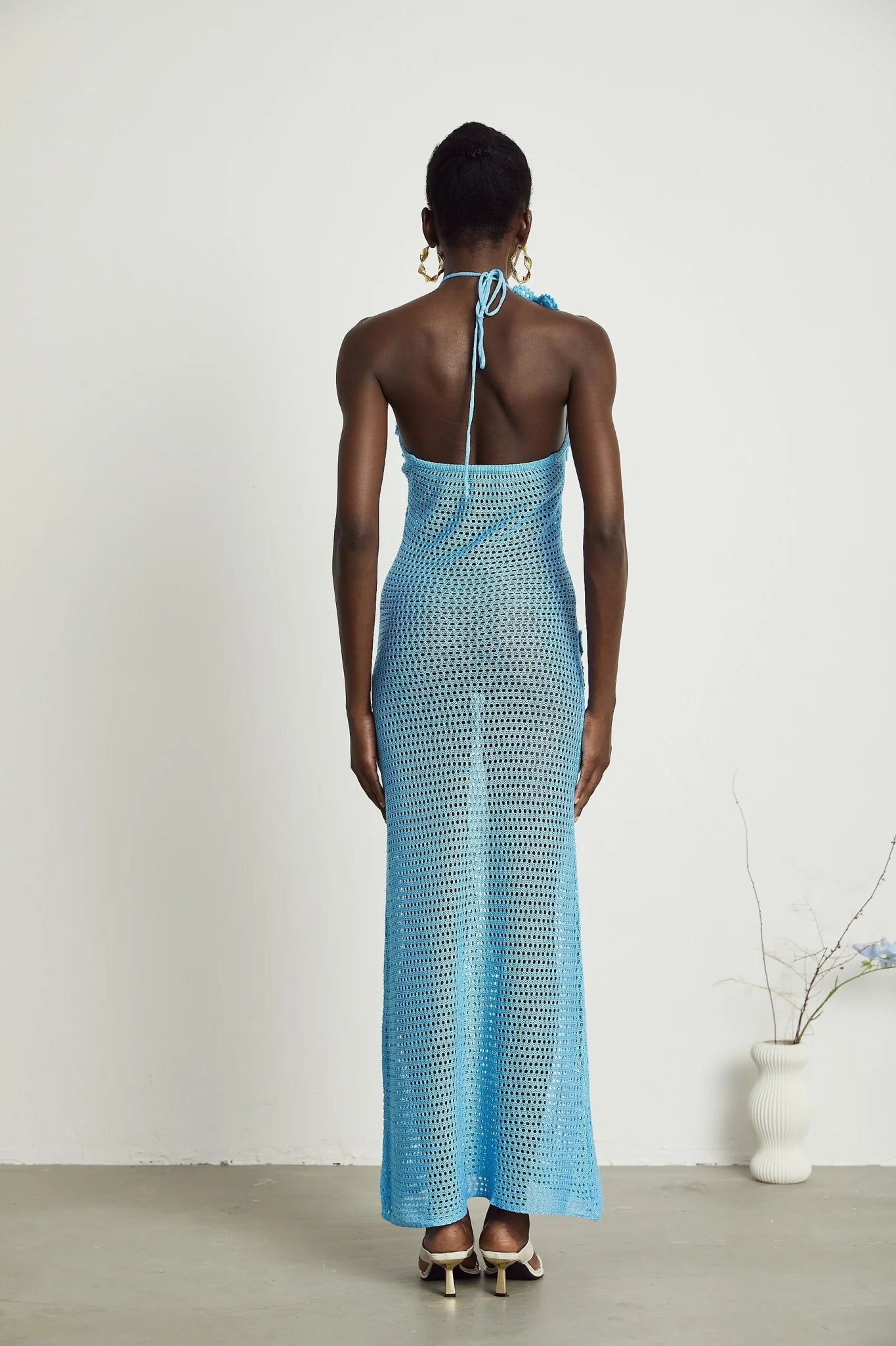 Daniela Maxi Dress - Halterneck Design - Open Back - Bustier Style - Faux - Flower Embellished