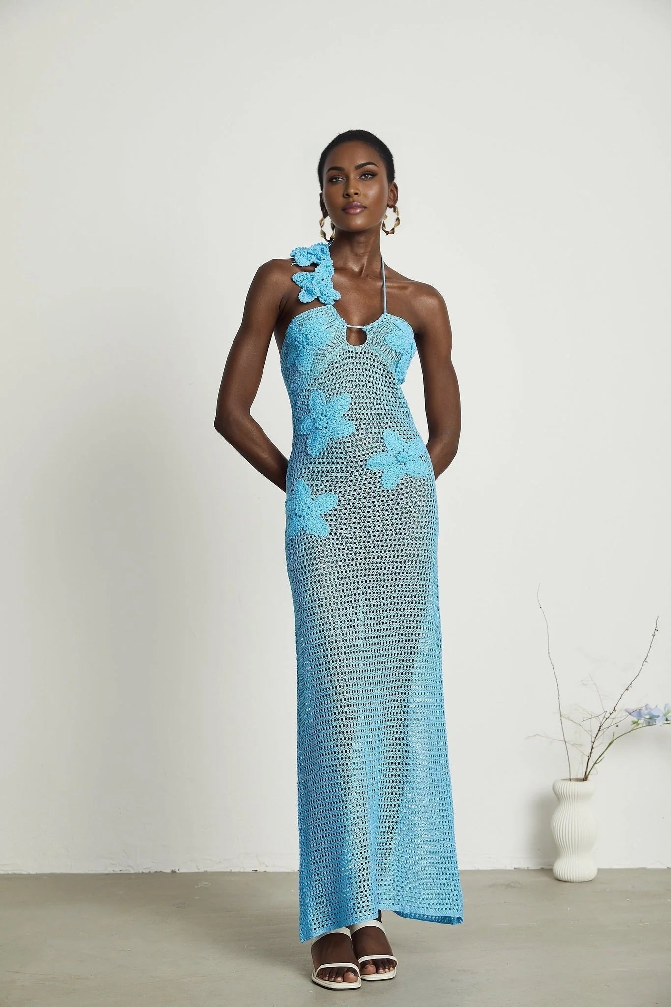 Daniela Maxi Dress - Halterneck Design - Open Back - Bustier Style - Faux - Flower Embellished